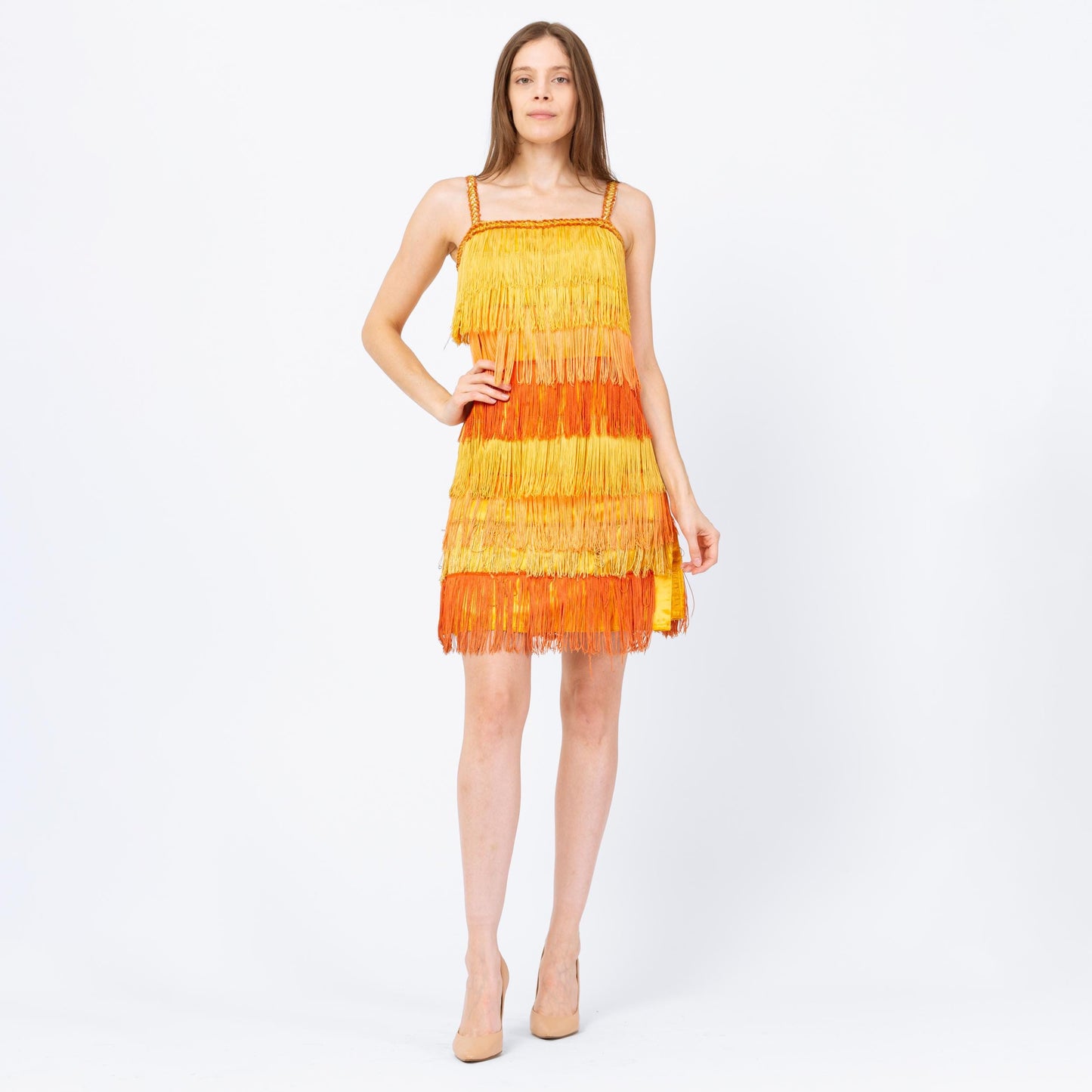 Vintage 60s Yellow & Orange Fringe Flapper Dress - Extra Small | 1920s Gatsby Mini Costume Dress