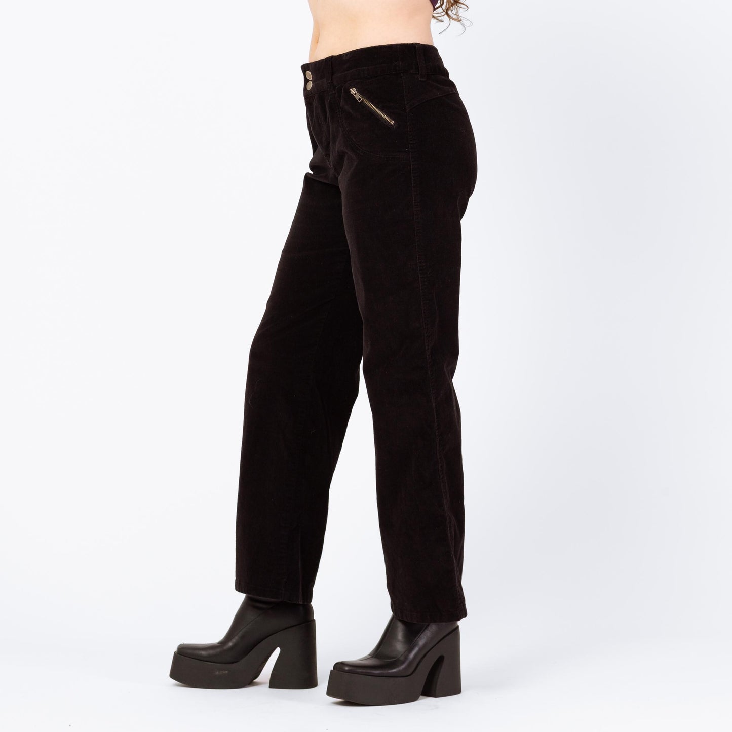 Vintage Y2K Black Corduroy Flared Pants - Medium | Zippered Pocket Pants, Mid Rise Bootcut Trousers
