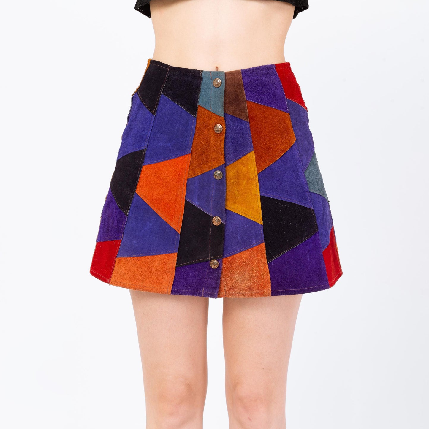 Vintage 70s Suede Patchwork Mini Skirt - Small, 26" Waist | Boho Button Front Festival Skirt, Colorblock Leather A-Line Skirt