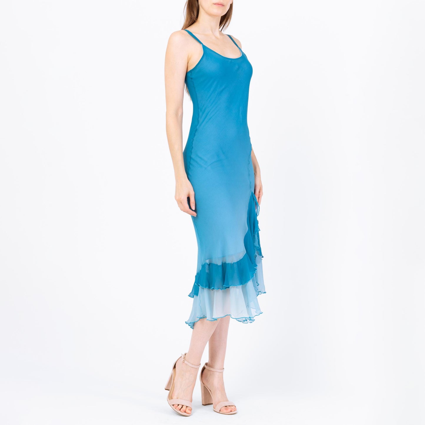 Vintage 90s Y2K Blue Gradient Silk Party Dress - Small | High Low Ruffle Hem Midi Dress