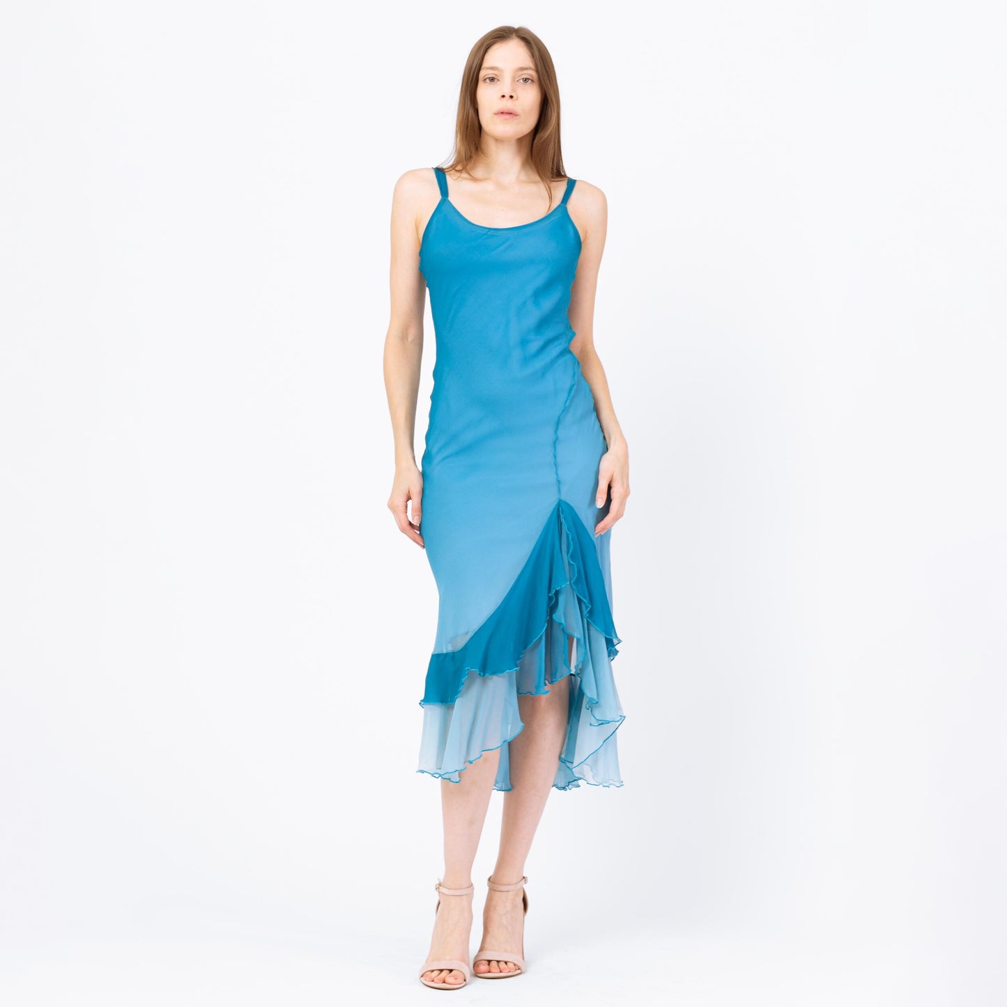 Vintage 90s Y2K Blue Gradient Silk Party Dress - Small | High Low Ruffle Hem Midi Dress