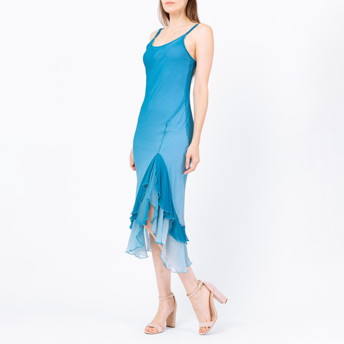 Vintage 90s Y2K Blue Gradient Silk Party Dress - Small | High Low Ruffle Hem Midi Dress
