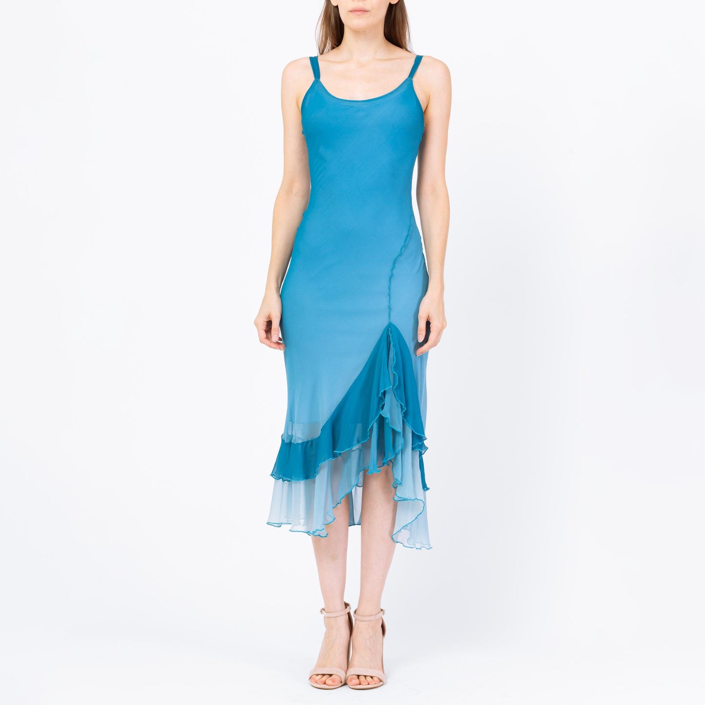 Vintage 90s Y2K Blue Gradient Silk Party Dress - Small | High Low Ruffle Hem Midi Dress