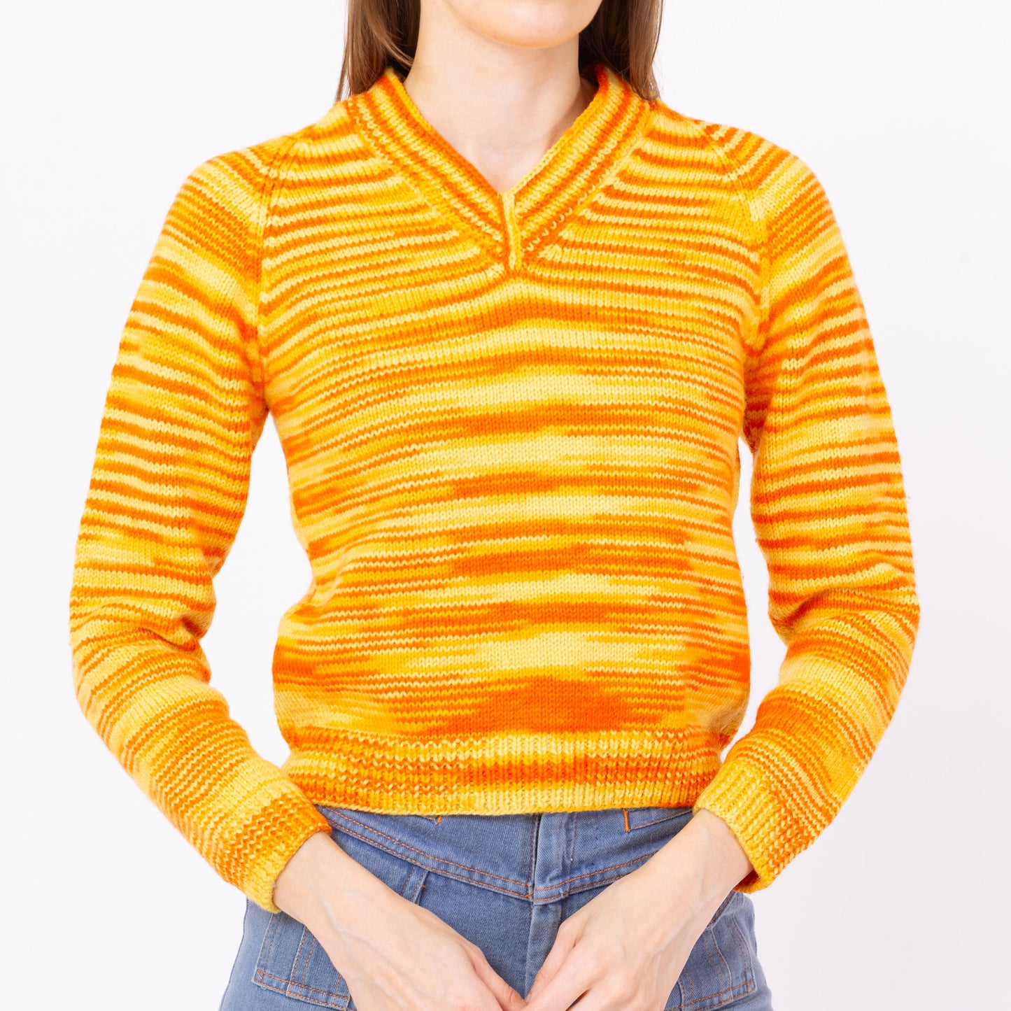 Vintage 70s Orange Space Dye Knit Sweater - Petite Extra Small | Mod Striped V Neck Pullover