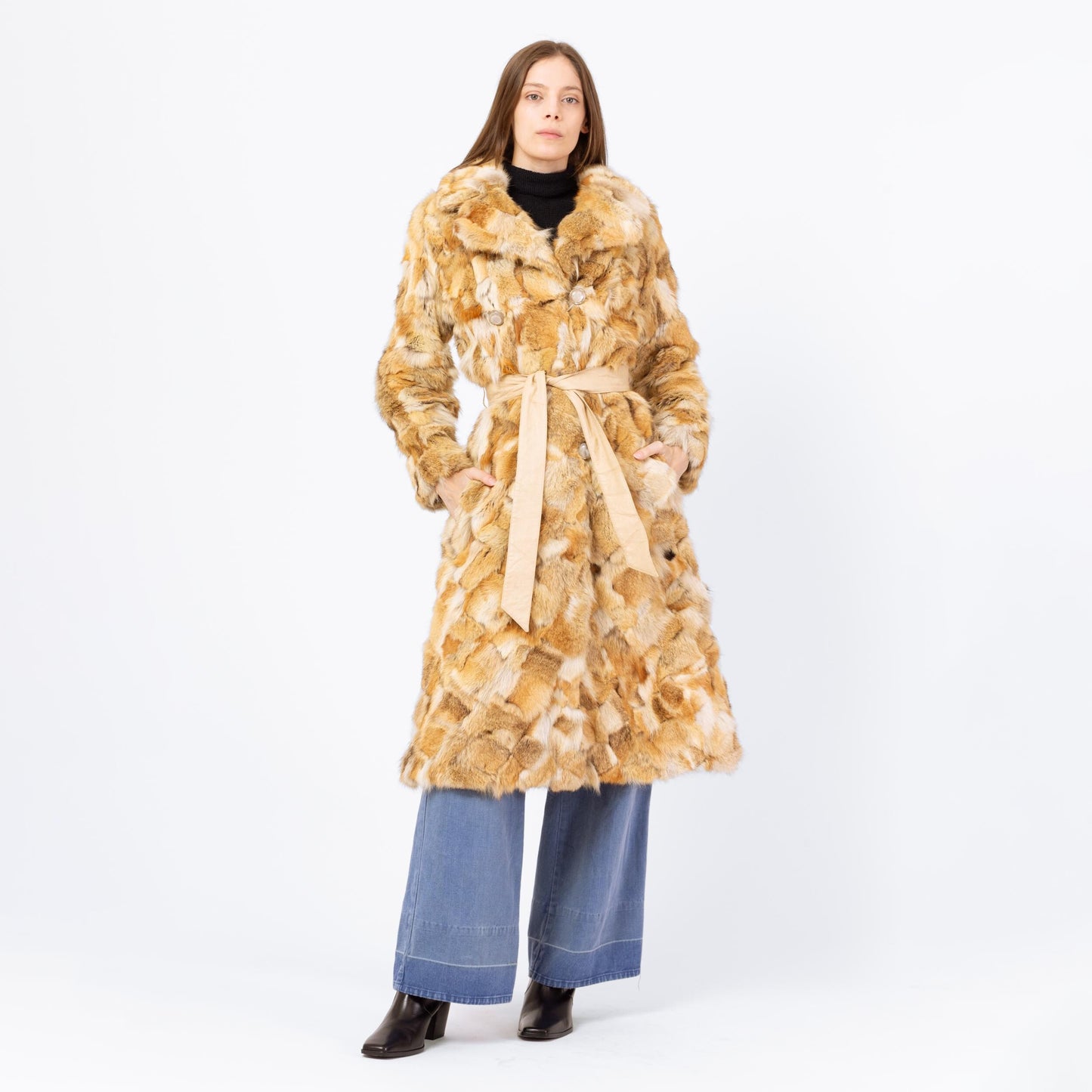 Vintage 60s 70s Mosaic Rabbit Fur Belted Coat, As Is - Small | Boho Double Breasted Mid Length Winter Jacket