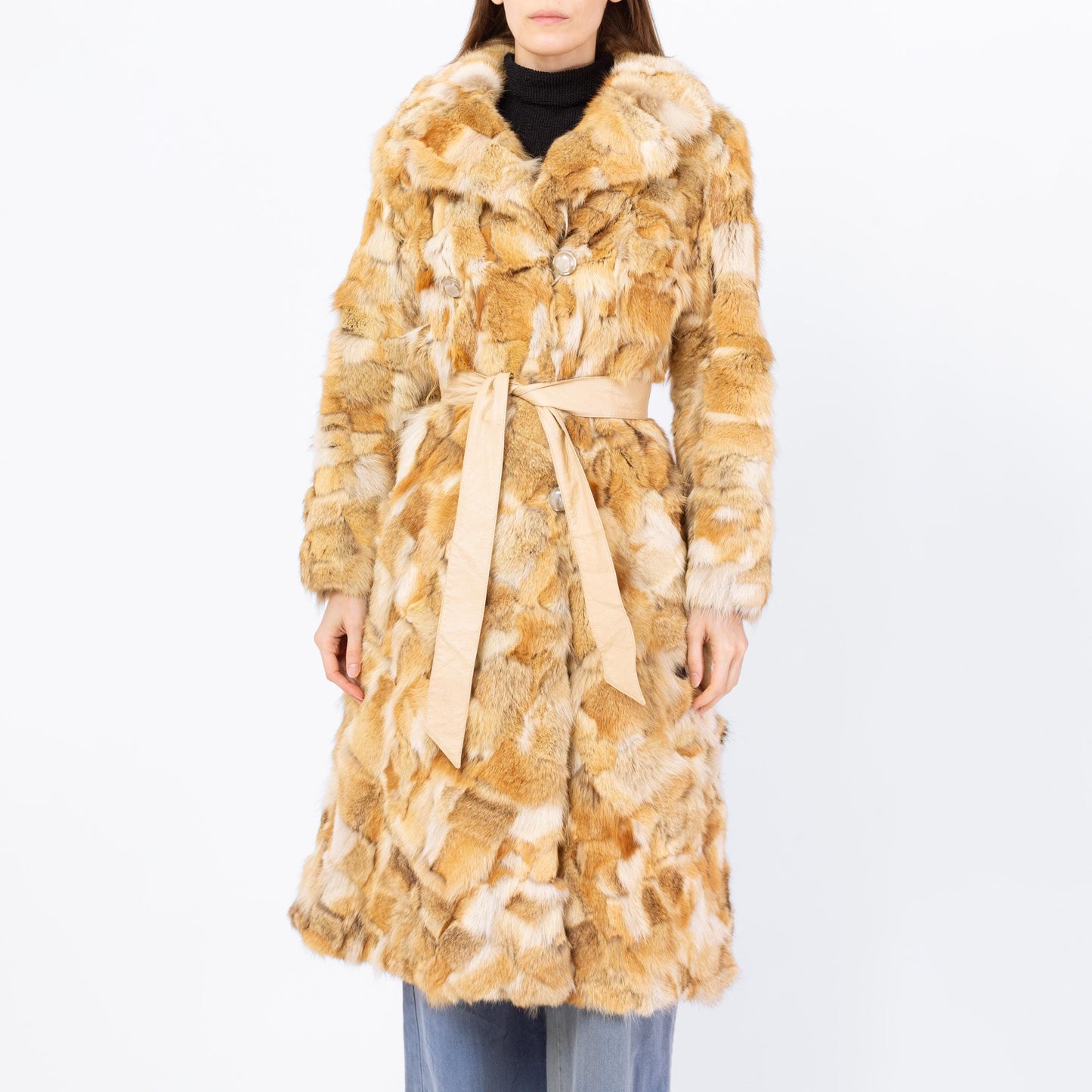 Vintage 60s 70s Mosaic Rabbit Fur Belted Coat, As Is - Small | Boho Double Breasted Mid Length Winter Jacket