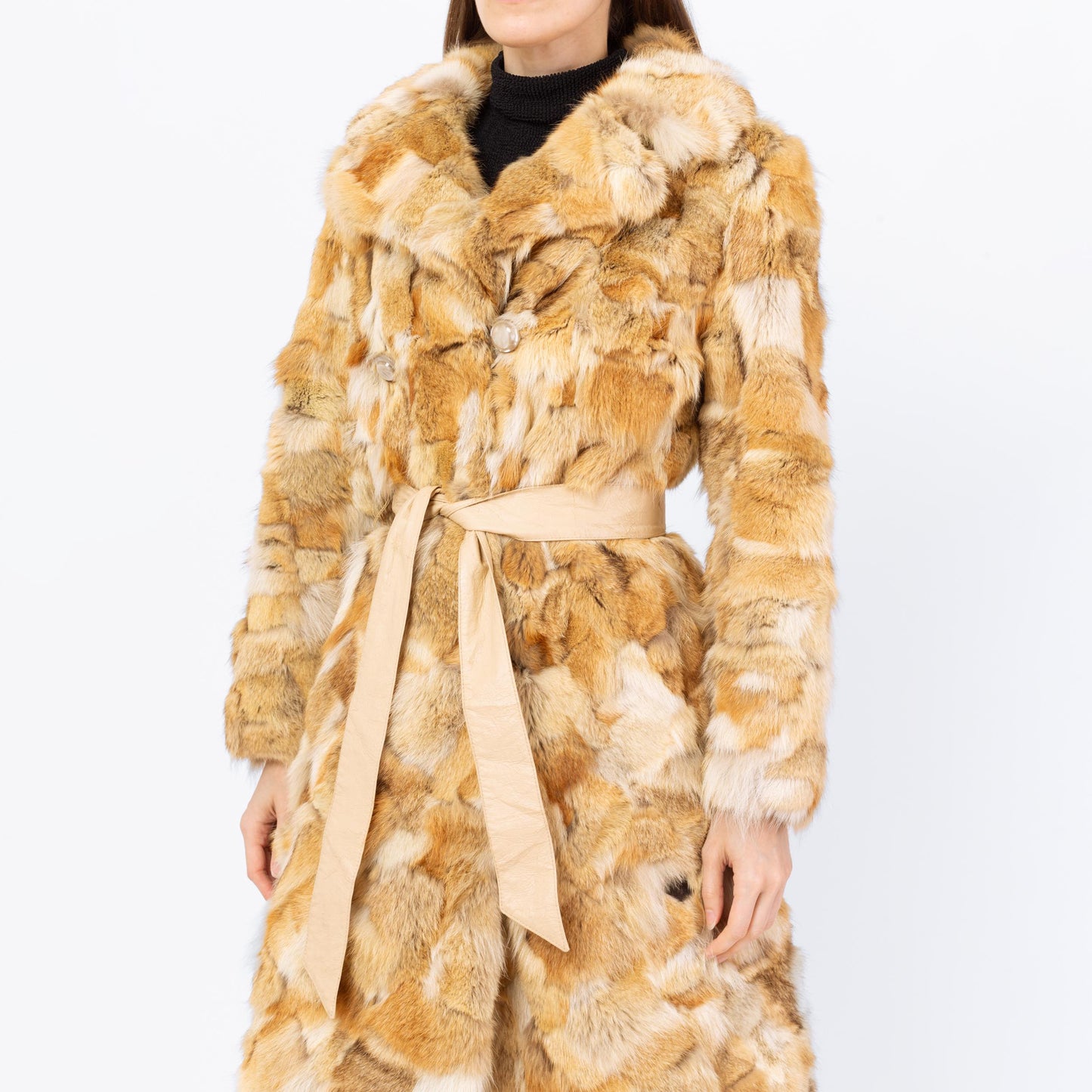 Vintage 60s 70s Mosaic Rabbit Fur Belted Coat, As Is - Small | Boho Double Breasted Mid Length Winter Jacket