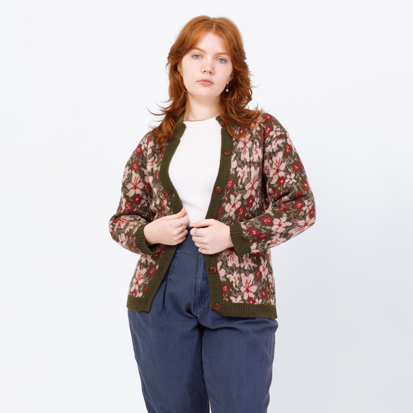 Vintage 80s Floral Olive Green Wool Knit Cardigan - Large | Boho Button Up Cropped Sweater