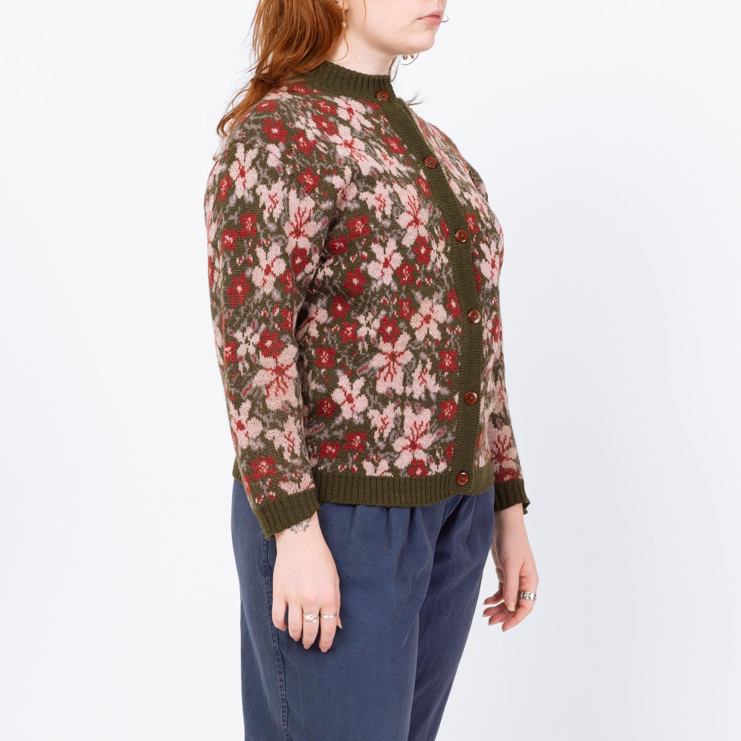 Vintage 80s Floral Olive Green Wool Knit Cardigan - Large | Boho Button Up Cropped Sweater