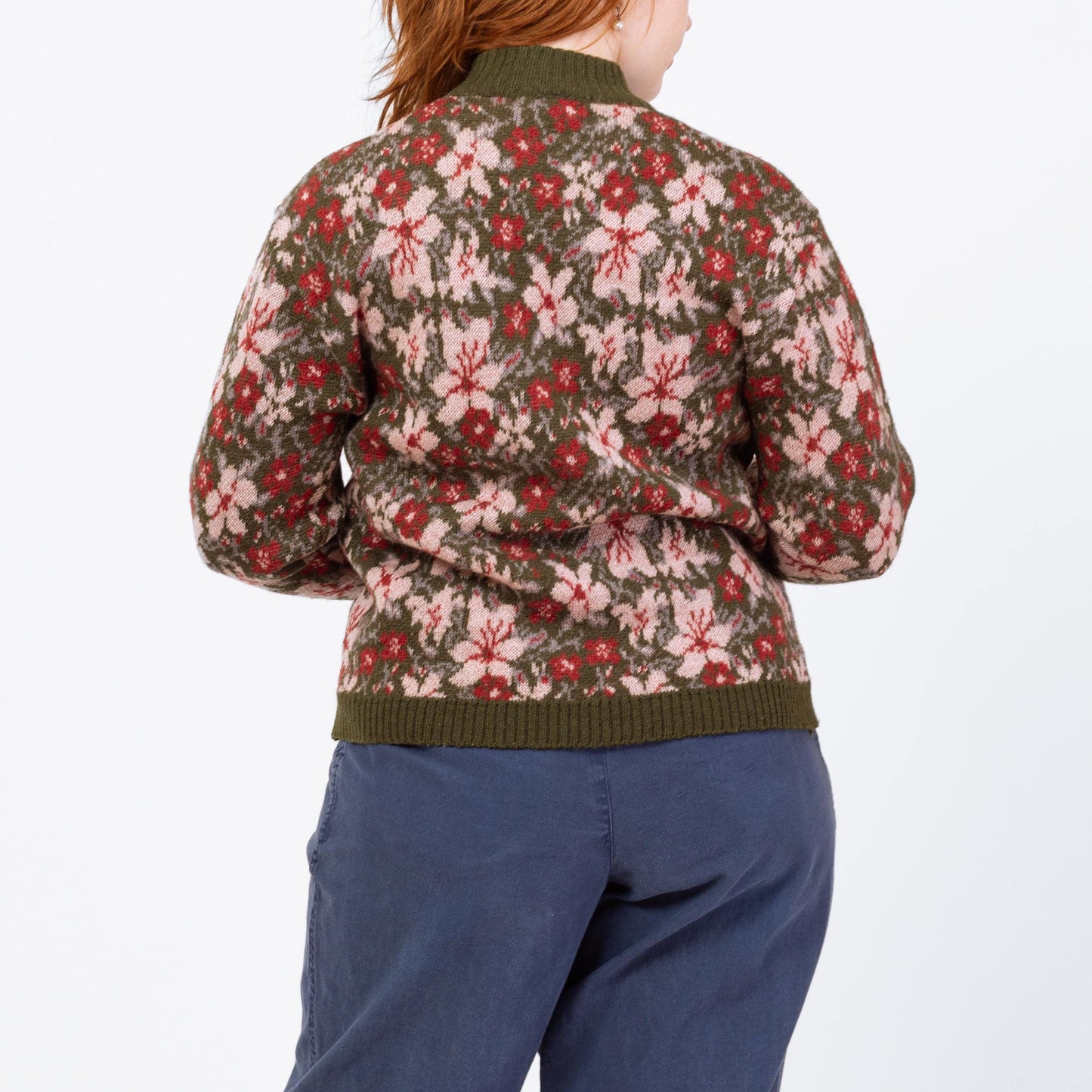 Vintage 80s Floral Olive Green Wool Knit Cardigan - Large | Boho Button Up Cropped Sweater