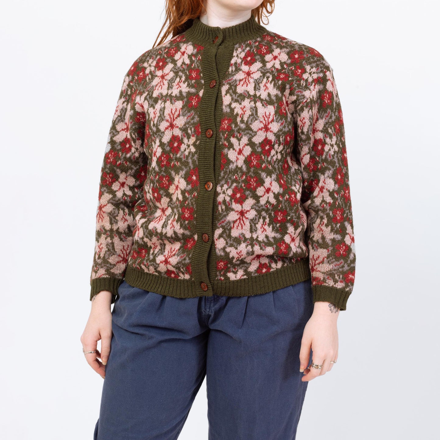 Vintage 80s Floral Olive Green Wool Knit Cardigan - Large | Boho Button Up Cropped Sweater