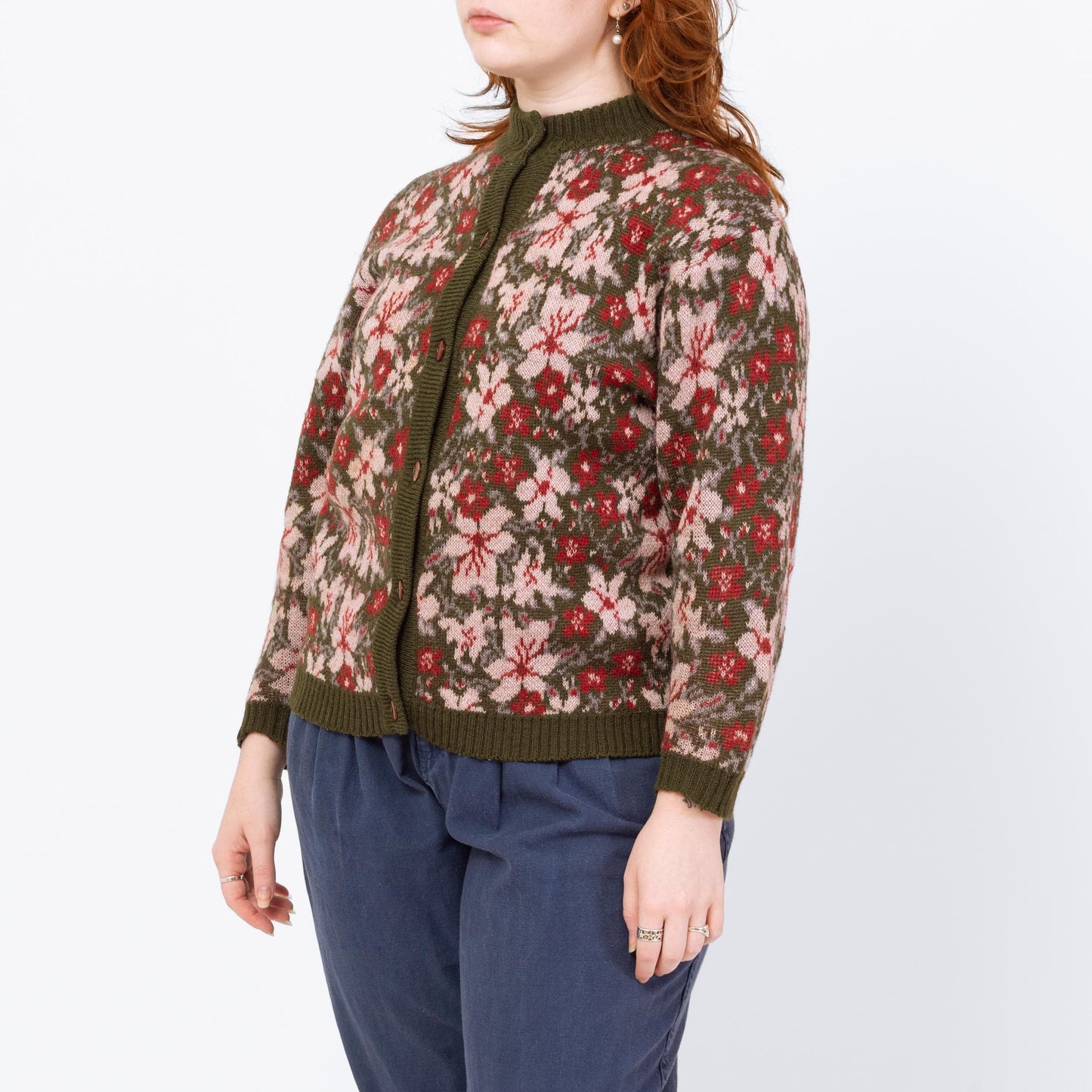 Vintage 80s Floral Olive Green Wool Knit Cardigan - Large | Boho Button Up Cropped Sweater