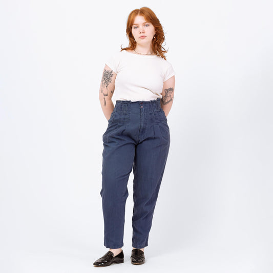 Vintage 90s Slate Blue High Waisted V-Pocket Pants - Large, 32" Waist | Pleated Paper Bag Waist Tapered Leg Cotton Trousers