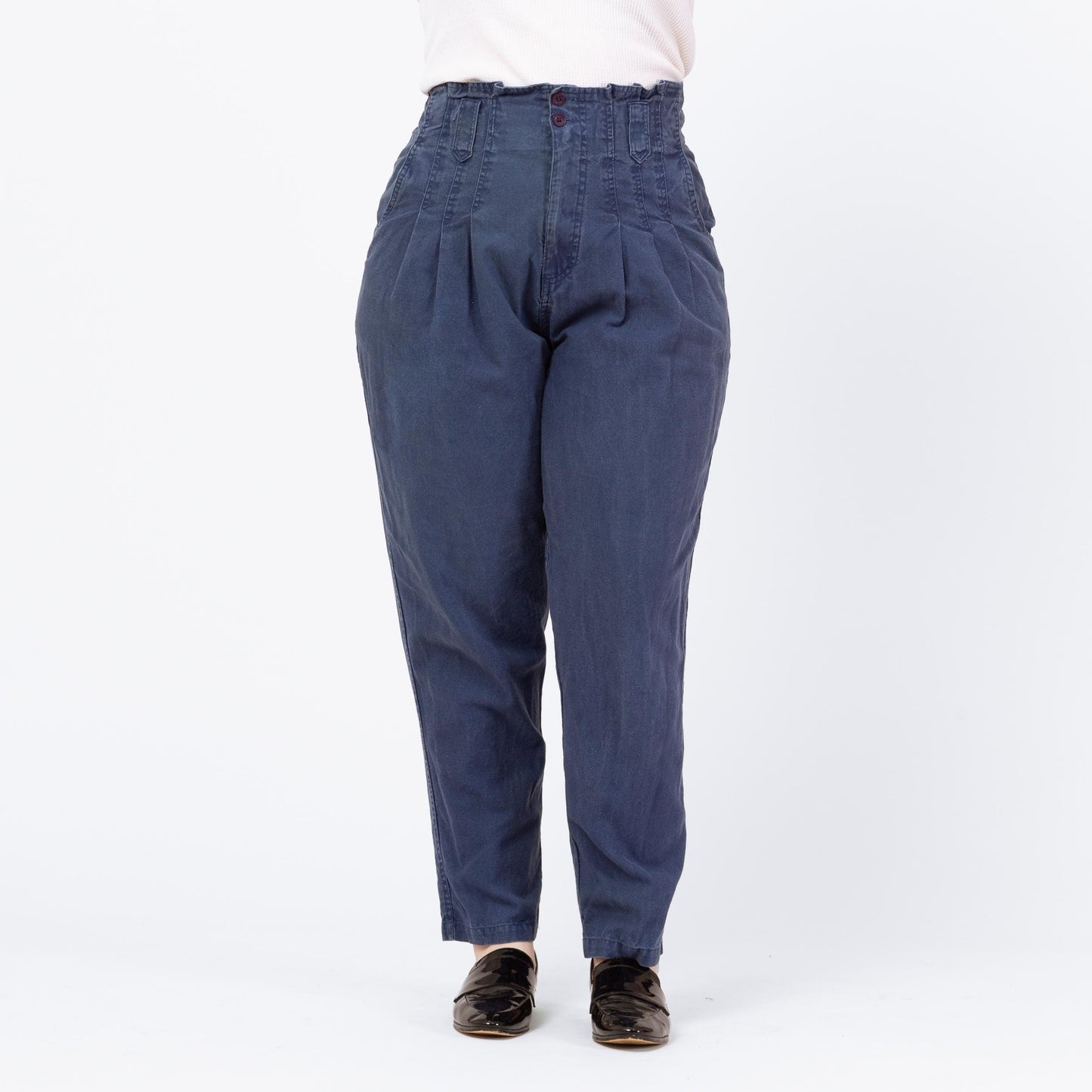 Vintage 90s Slate Blue High Waisted V-Pocket Pants - Large, 32" Waist | Pleated Paper Bag Waist Tapered Leg Cotton Trousers