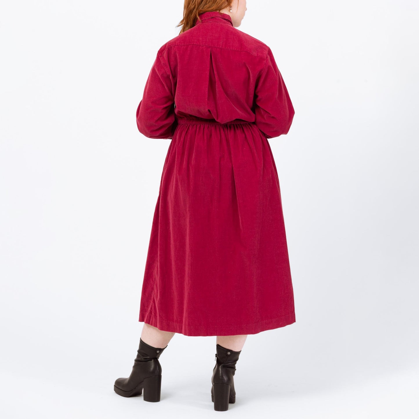 Vintage 90s Magenta Corduroy Midi Shirtdress - Large | Button Up Long Sleeve Fit & Flare Pocket Dress