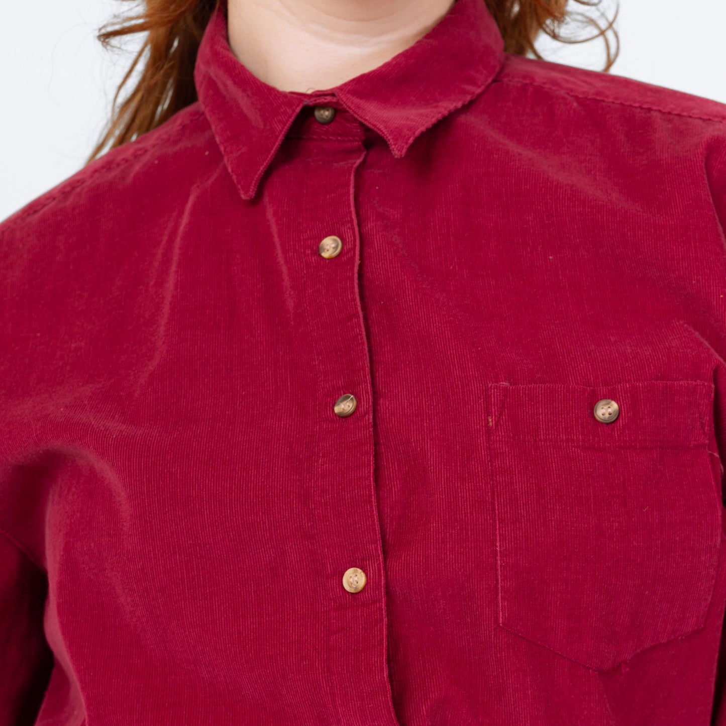 Vintage 90s Magenta Corduroy Midi Shirtdress - Large | Button Up Long Sleeve Fit & Flare Pocket Dress