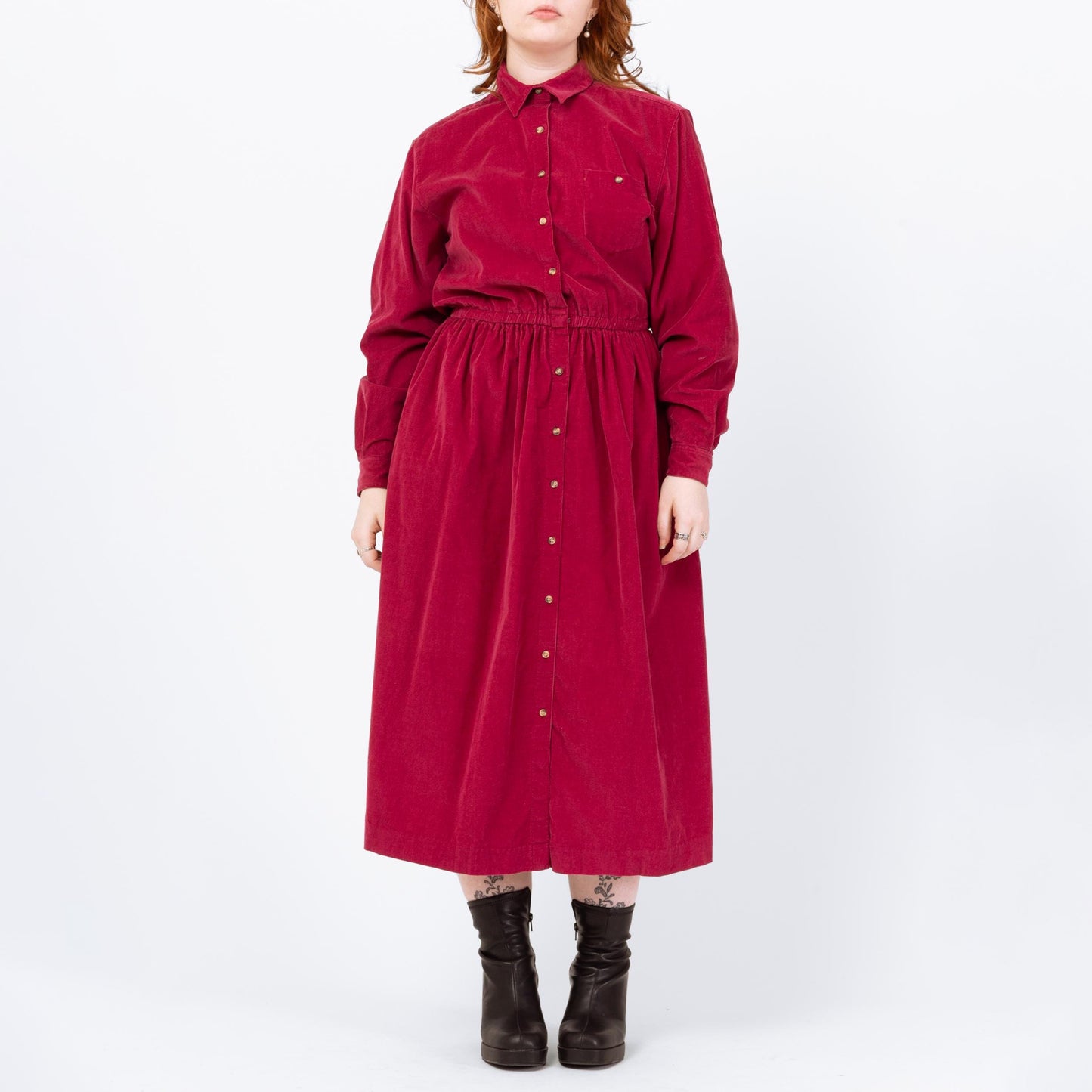 Vintage 90s Magenta Corduroy Midi Shirtdress - Large | Button Up Long Sleeve Fit & Flare Pocket Dress