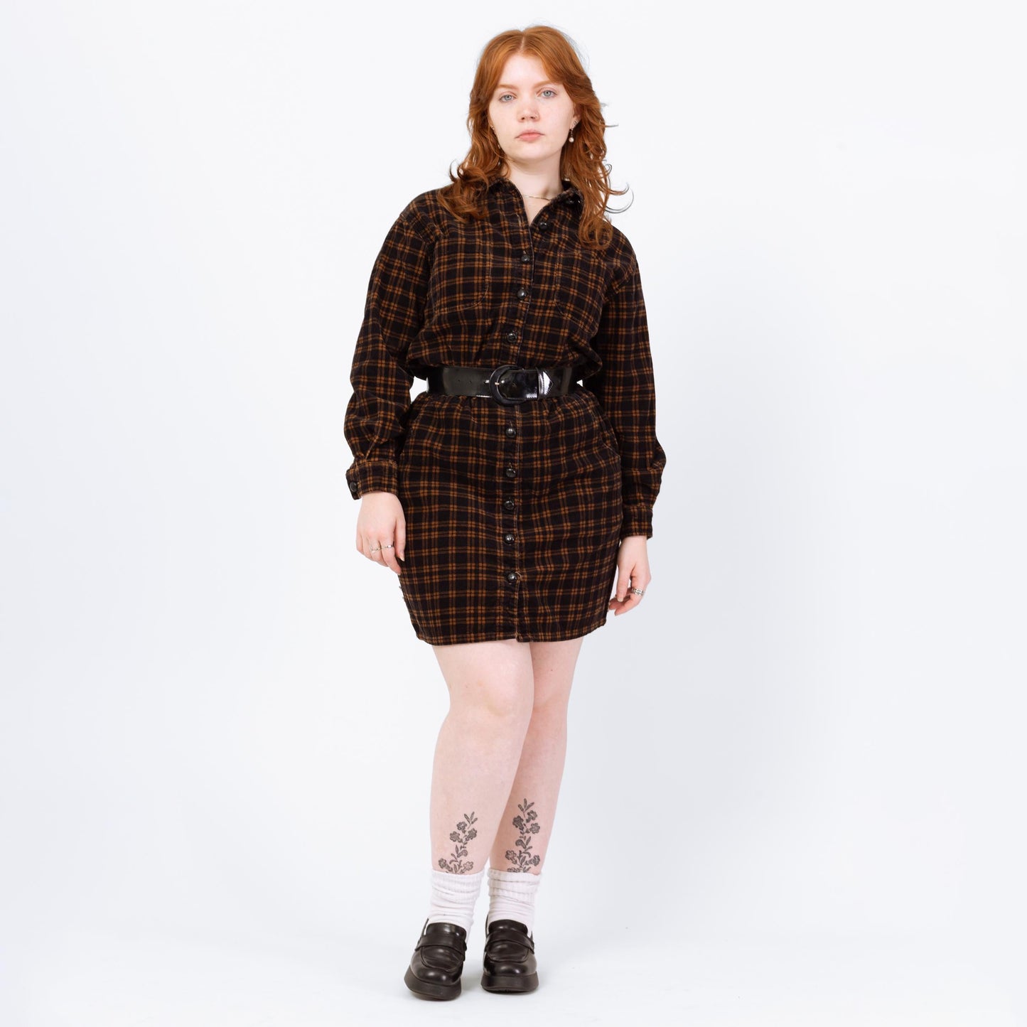 Vintage 90s Black & Brown Plaid Corduroy Mini Shirtdress - Petite Large | Button Up Long Sleeve Sheath Pocket Dress