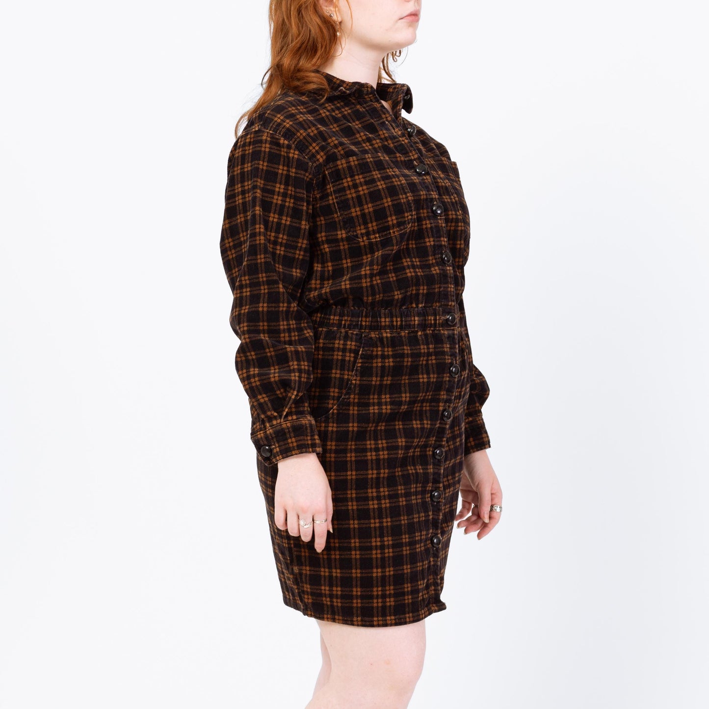 Vintage 90s Black & Brown Plaid Corduroy Mini Shirtdress - Petite Large | Button Up Long Sleeve Sheath Pocket Dress