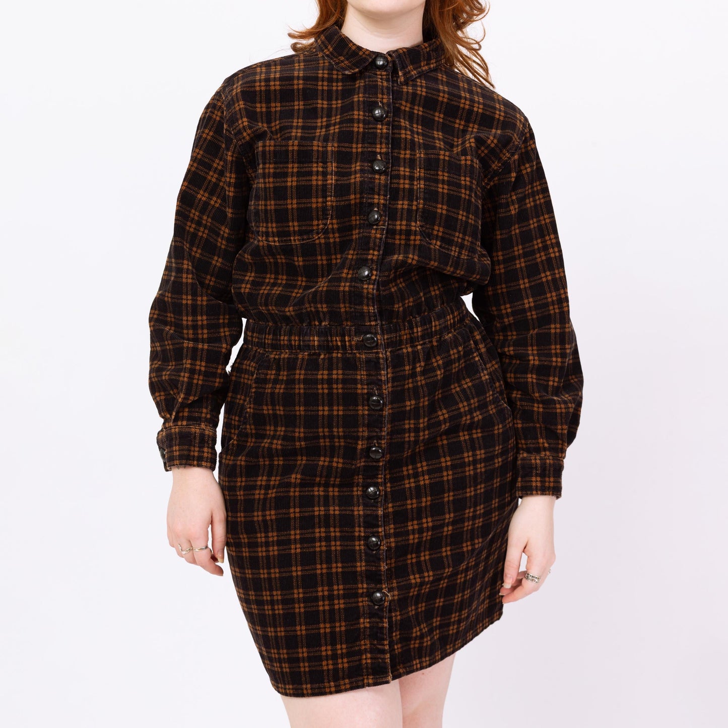 Vintage 90s Black & Brown Plaid Corduroy Mini Shirtdress - Petite Large | Button Up Long Sleeve Sheath Pocket Dress