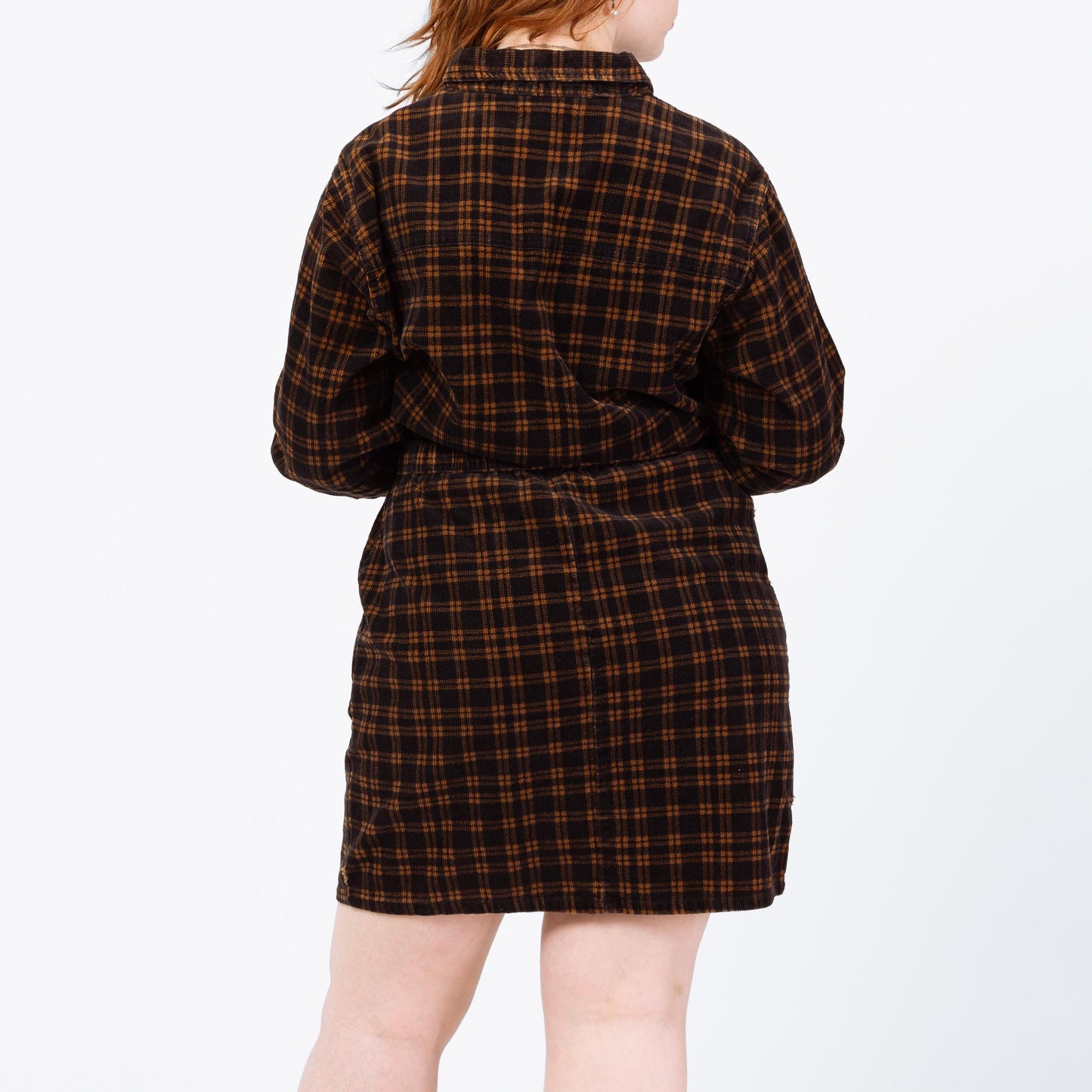 Vintage 90s Black & Brown Plaid Corduroy Mini Shirtdress - Petite Large | Button Up Long Sleeve Sheath Pocket Dress