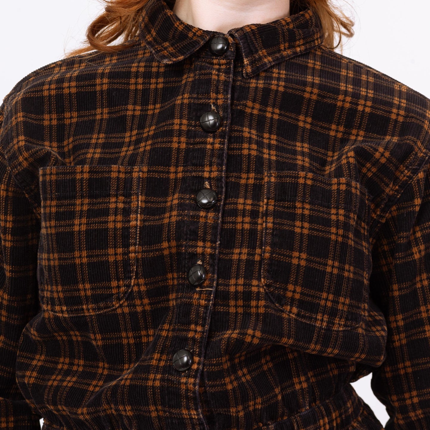 Vintage 90s Black & Brown Plaid Corduroy Mini Shirtdress - Petite Large | Button Up Long Sleeve Sheath Pocket Dress