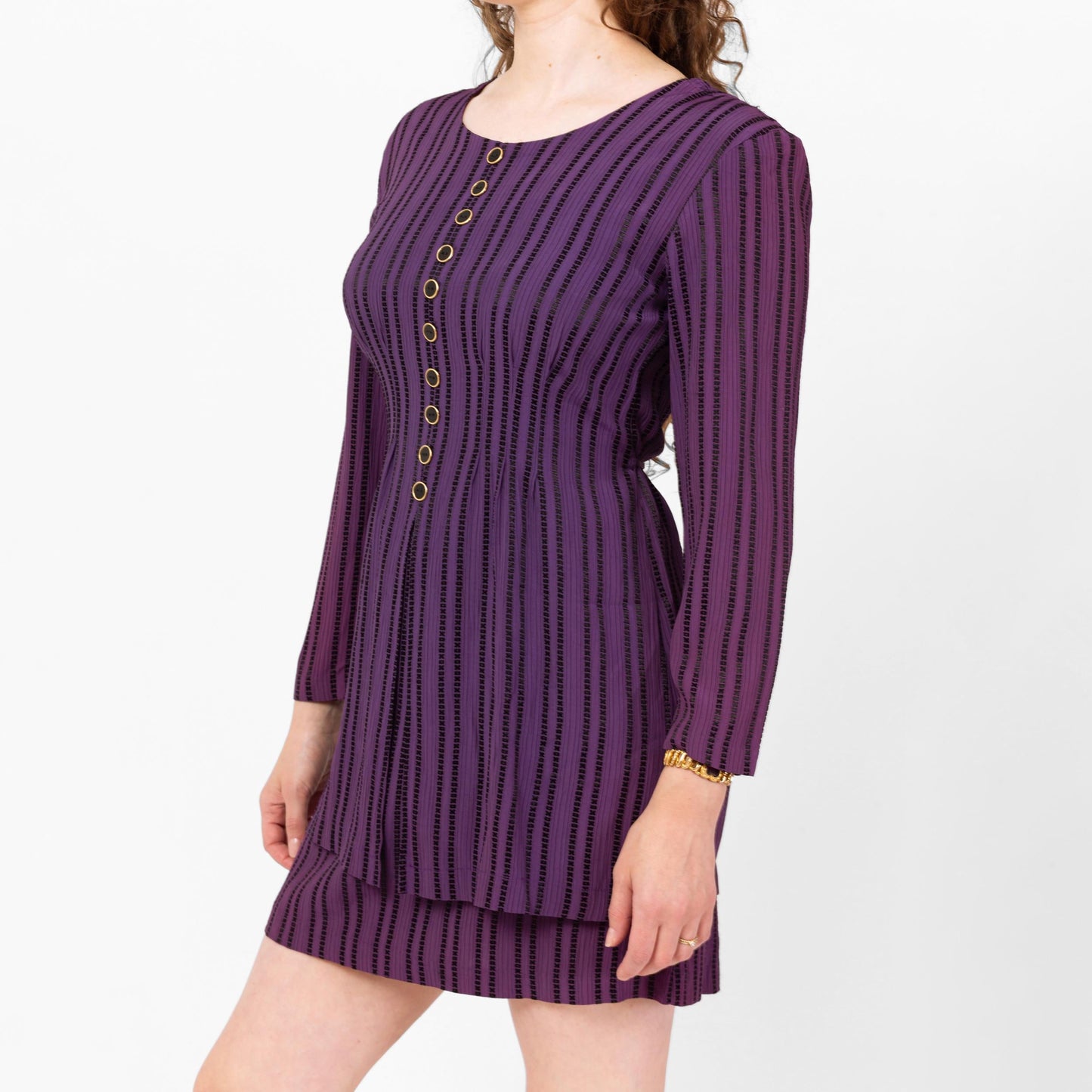 Vintage 90s Purple XOXO Striped Split Front Secretary Dress - Small | Long Sleeve Mini Power Suit Dress