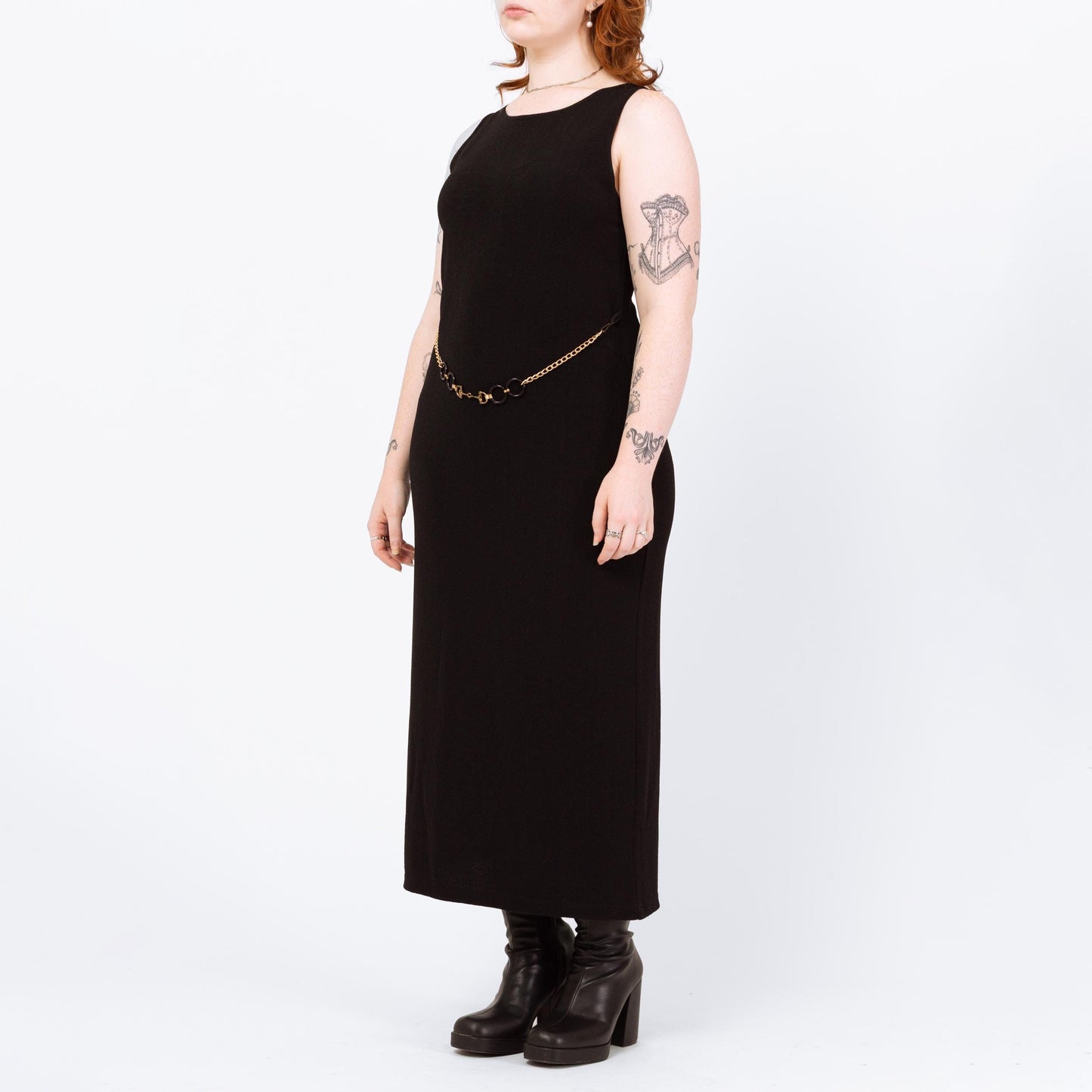 Vintage 90s Slinky Black Chain Belt Maxi Dress - Large | Minimalist Sleeveless Stretchy Sheath Dress