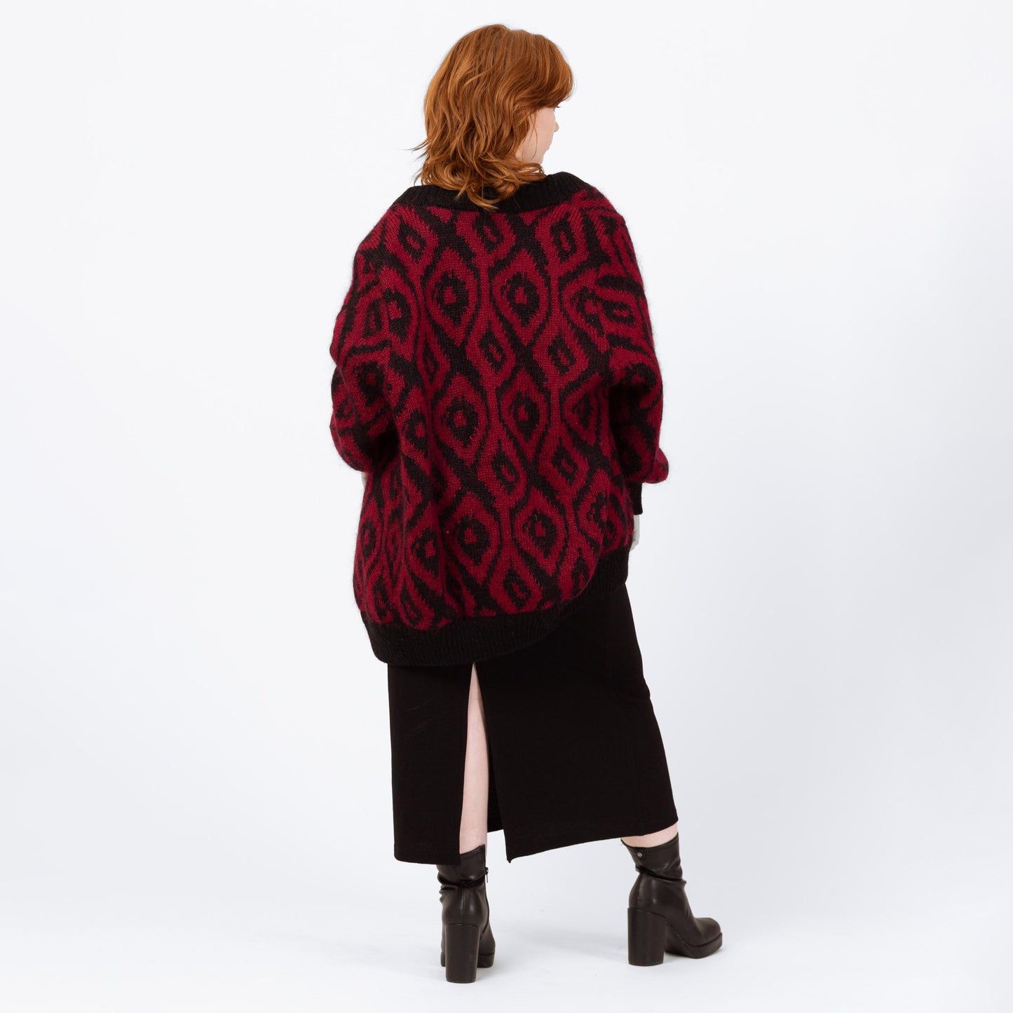 Vintage 80s Mohair Argyle Balloon Sleeve Oversize Cardigan - Large | Red Black Lined Wool Blend Knit Button Up Long Sweater Jacket