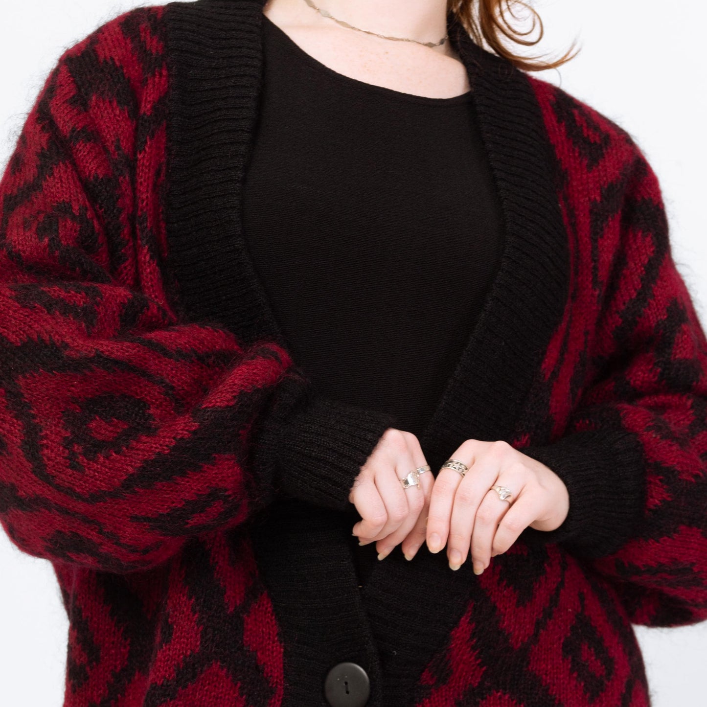 Vintage 80s Mohair Argyle Balloon Sleeve Oversize Cardigan - Large | Red Black Lined Wool Blend Knit Button Up Long Sweater Jacket