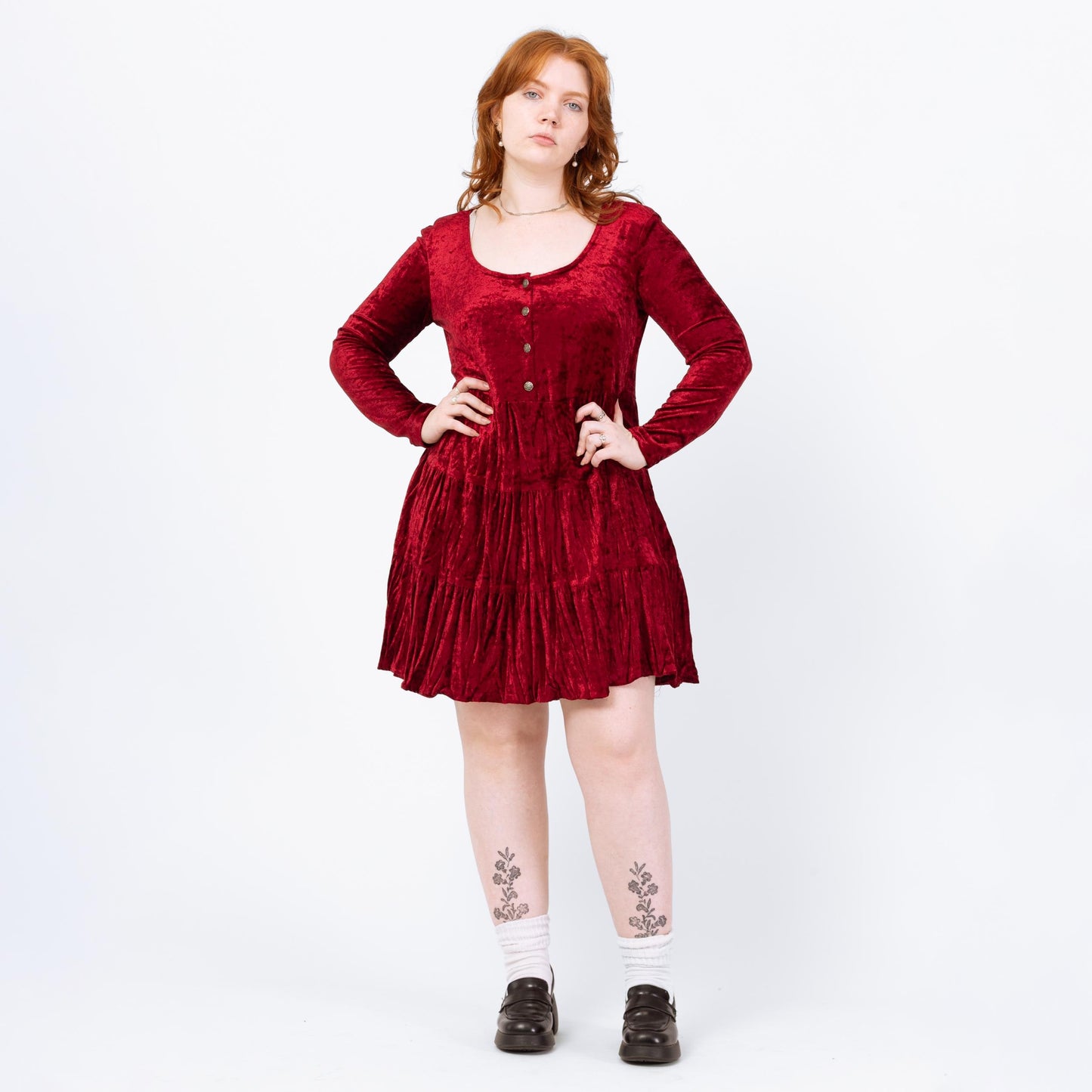 Vintage 90s Red Crushed Velvet Babydoll Mini Dress - Medium | Whimsigoth Dress, Long Sleeve Button Up Grunge Dress