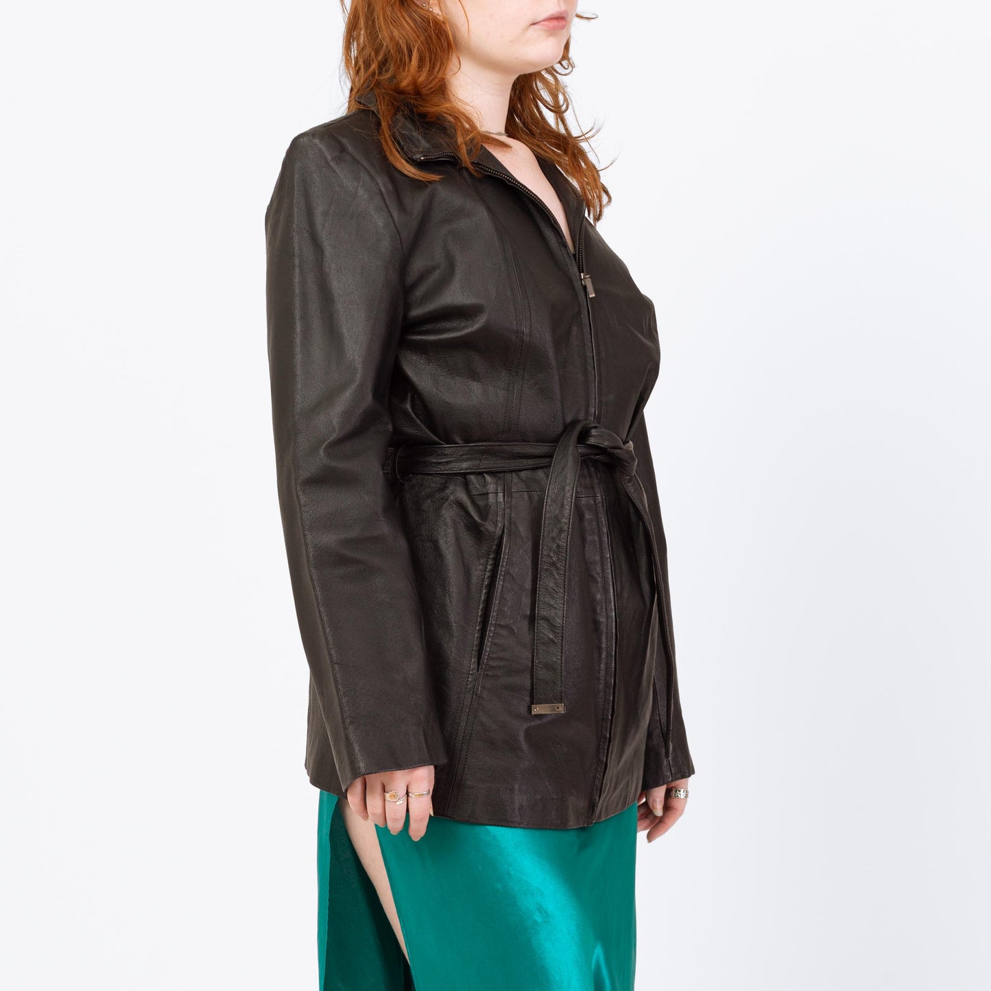 Vintage Y2K Black Leather Belted Moto Jacket - Large | Minimalist Zip Up Collared Coat