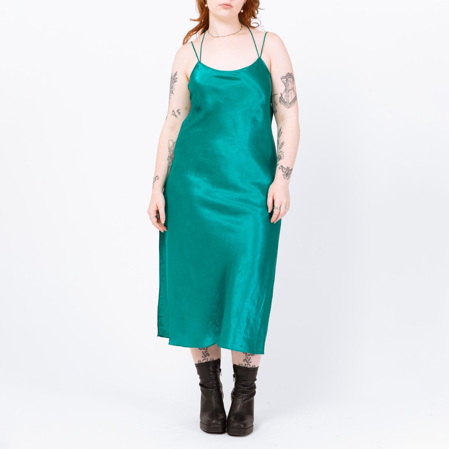 Vintage 80s Teal Satin Slip Dress - Medium | Low Back Lingerie Midi Chemise Nightie