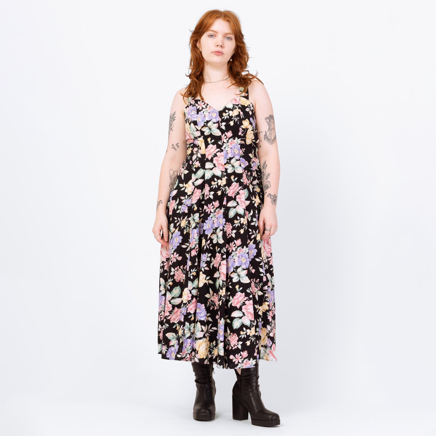Vintage 80s Black Rose Floral Print Cross Back Sundress - Medium | Sweetheart Neck Boho Maxi Dress