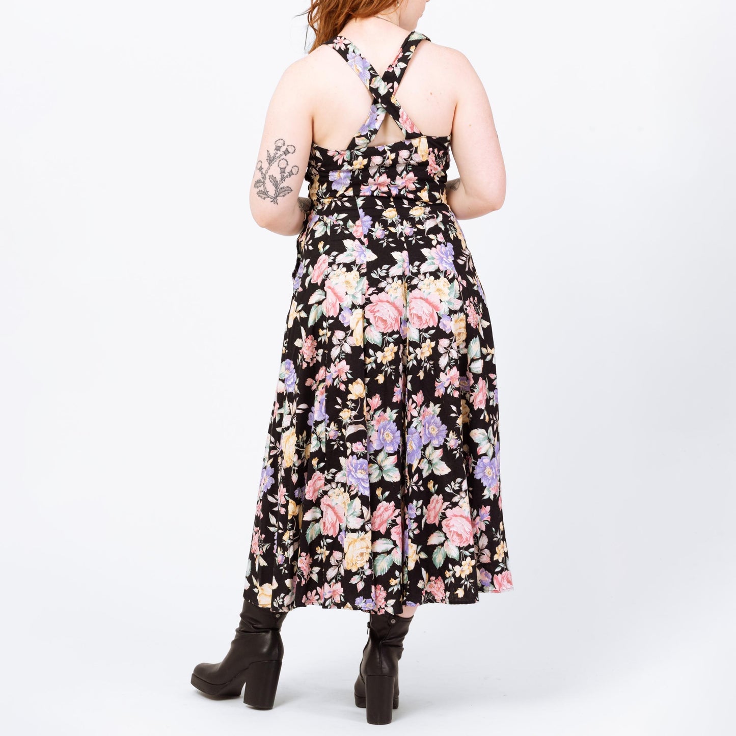 Vintage 80s Black Rose Floral Print Cross Back Sundress - Medium | Sweetheart Neck Boho Maxi Dress