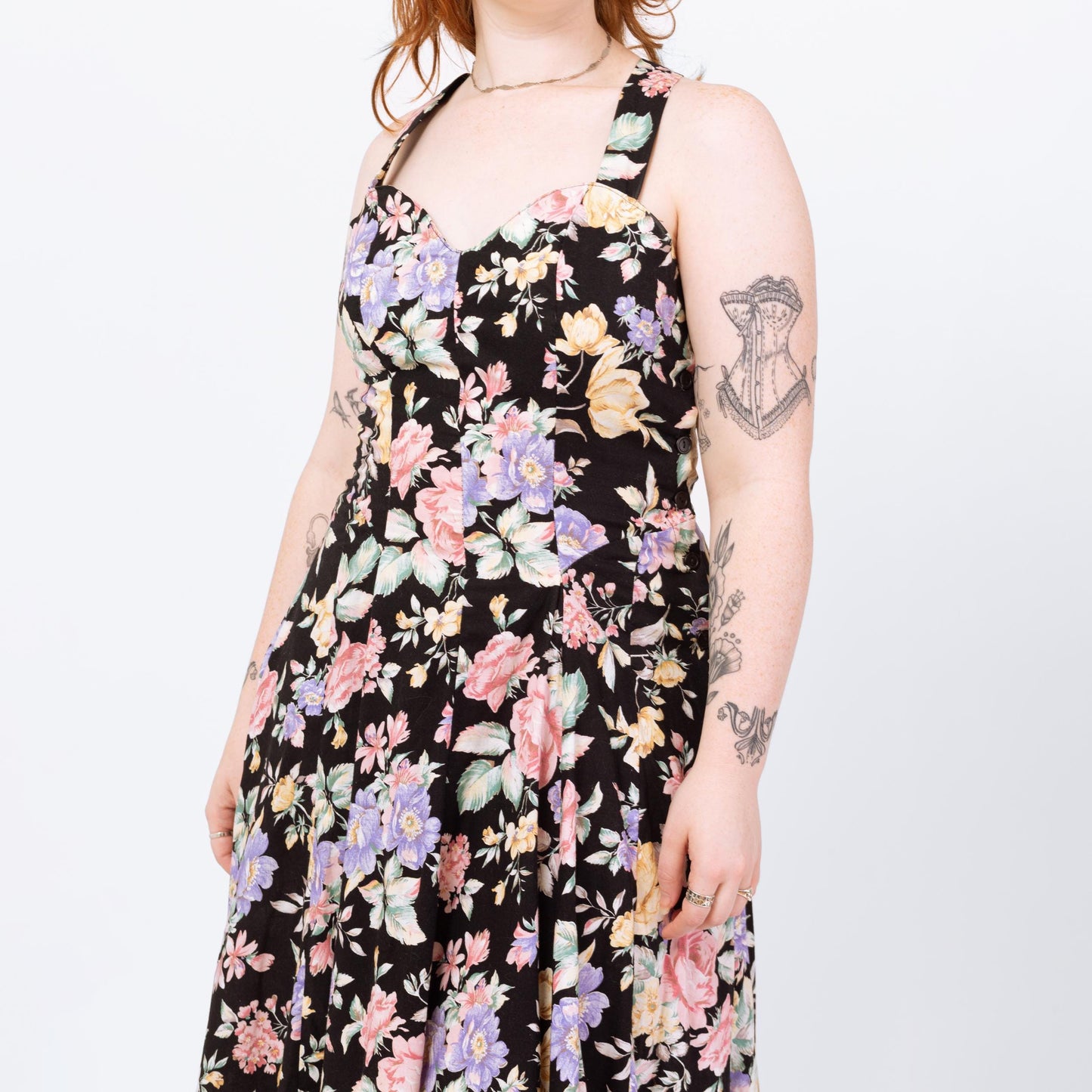 Vintage 80s Black Rose Floral Print Cross Back Sundress - Medium | Sweetheart Neck Boho Maxi Dress