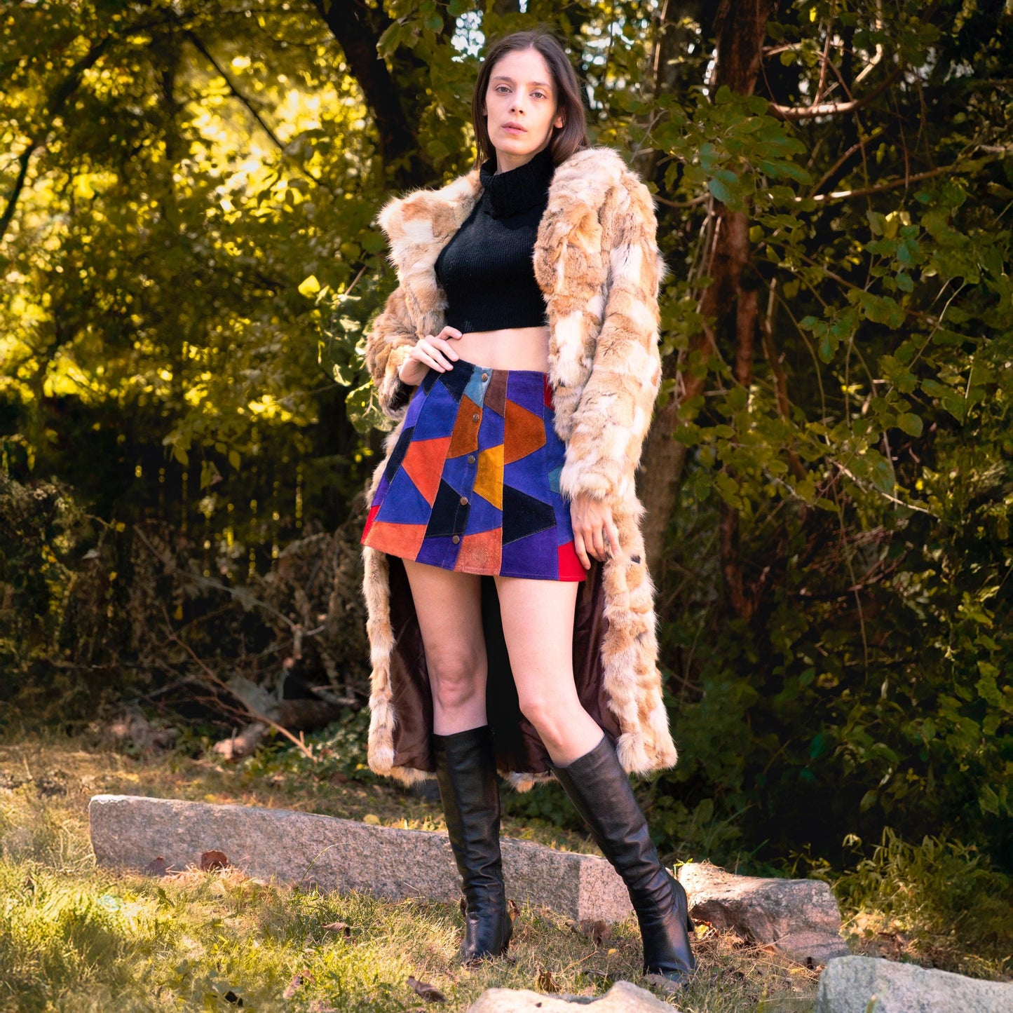 Vintage 70s Suede Patchwork Mini Skirt - Small, 26" Waist | Boho Button Front Festival Skirt, Colorblock Leather A-Line Skirt