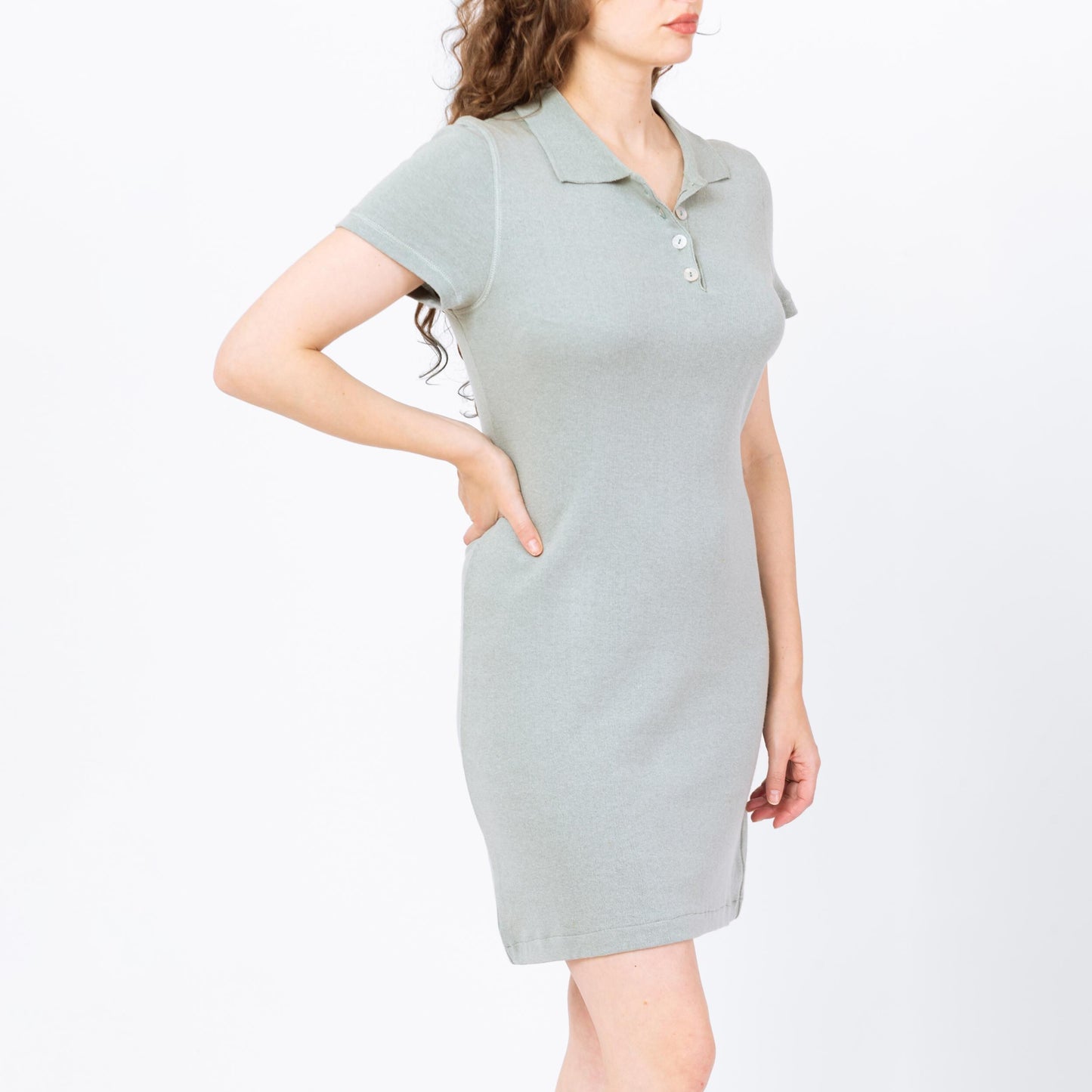 Vintage 90s Mint Green Knit Polo Mini Dress - Medium | Preppy Minimalist Collared Short Sleeve Sweater Dress