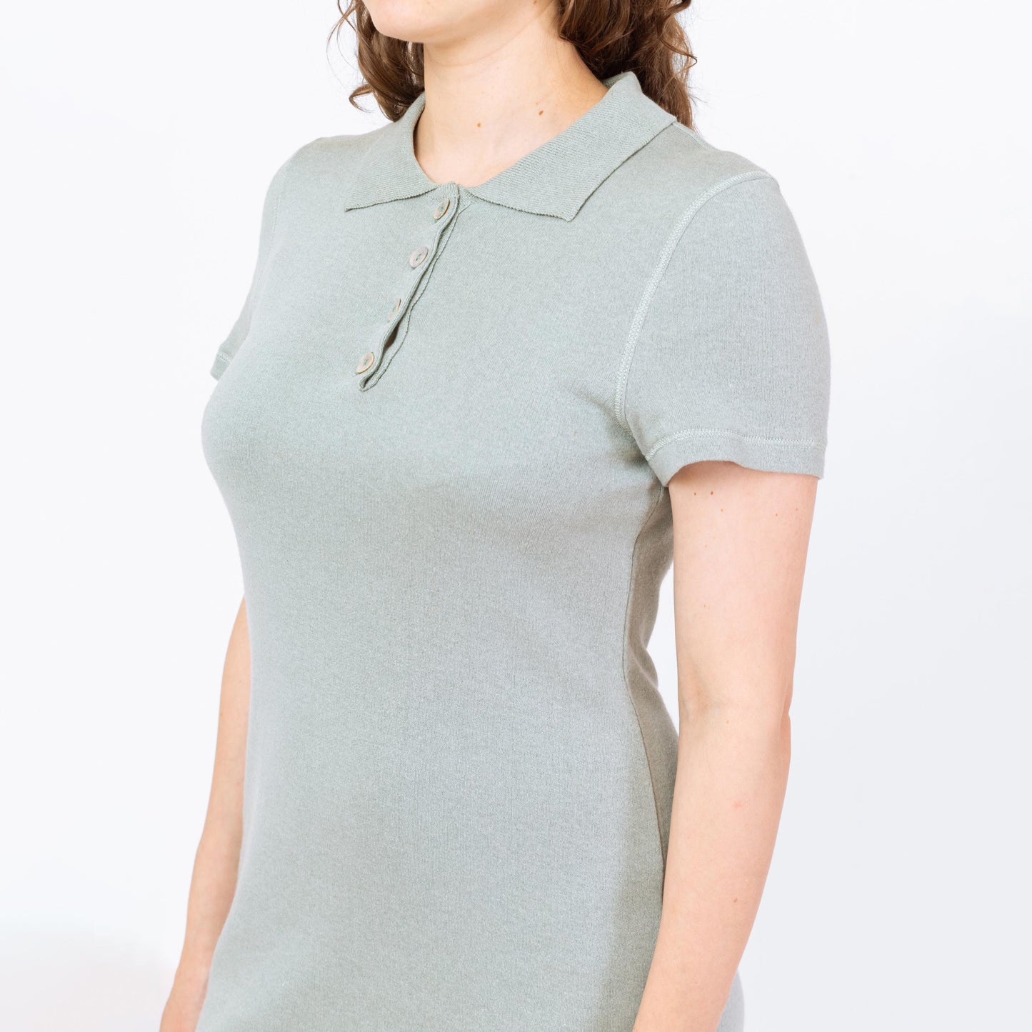 Vintage 90s Mint Green Knit Polo Mini Dress - Medium | Preppy Minimalist Collared Short Sleeve Sweater Dress