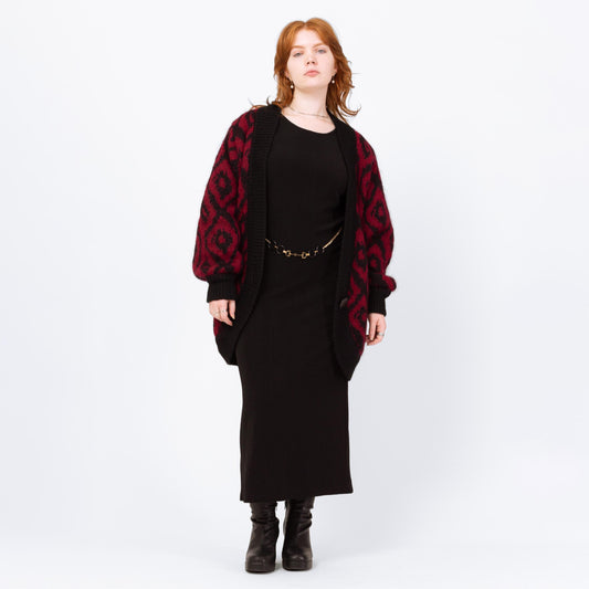Vintage 80s Mohair Argyle Balloon Sleeve Oversize Cardigan - Large | Red Black Lined Wool Blend Knit Button Up Long Sweater Jacket