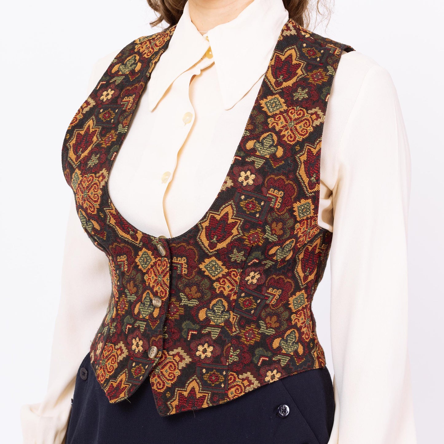 Vintage 90s Floral Tapestry Scoop Neck Vest - Medium | Boho Sleeveless Button Up Renaissance Bodice Waistcoat Top
