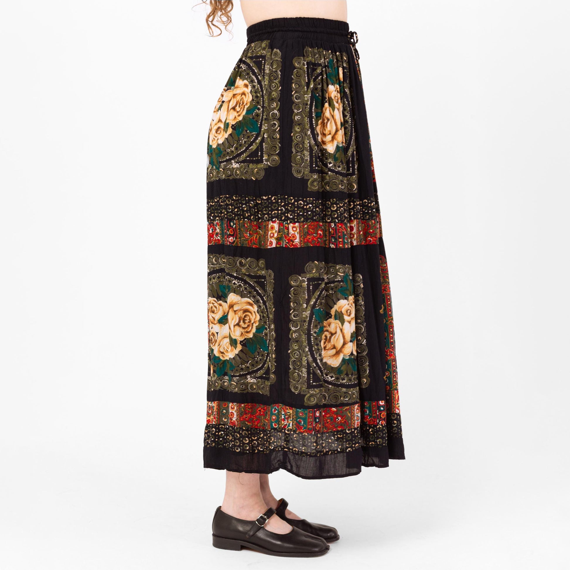 Vintage 90s Boho Rose Floral Maxi Broomstick Skirt - Medium to Large, 28"-33" Waist | Black Red Picture Frame Printt Rayon Hippie Skirt