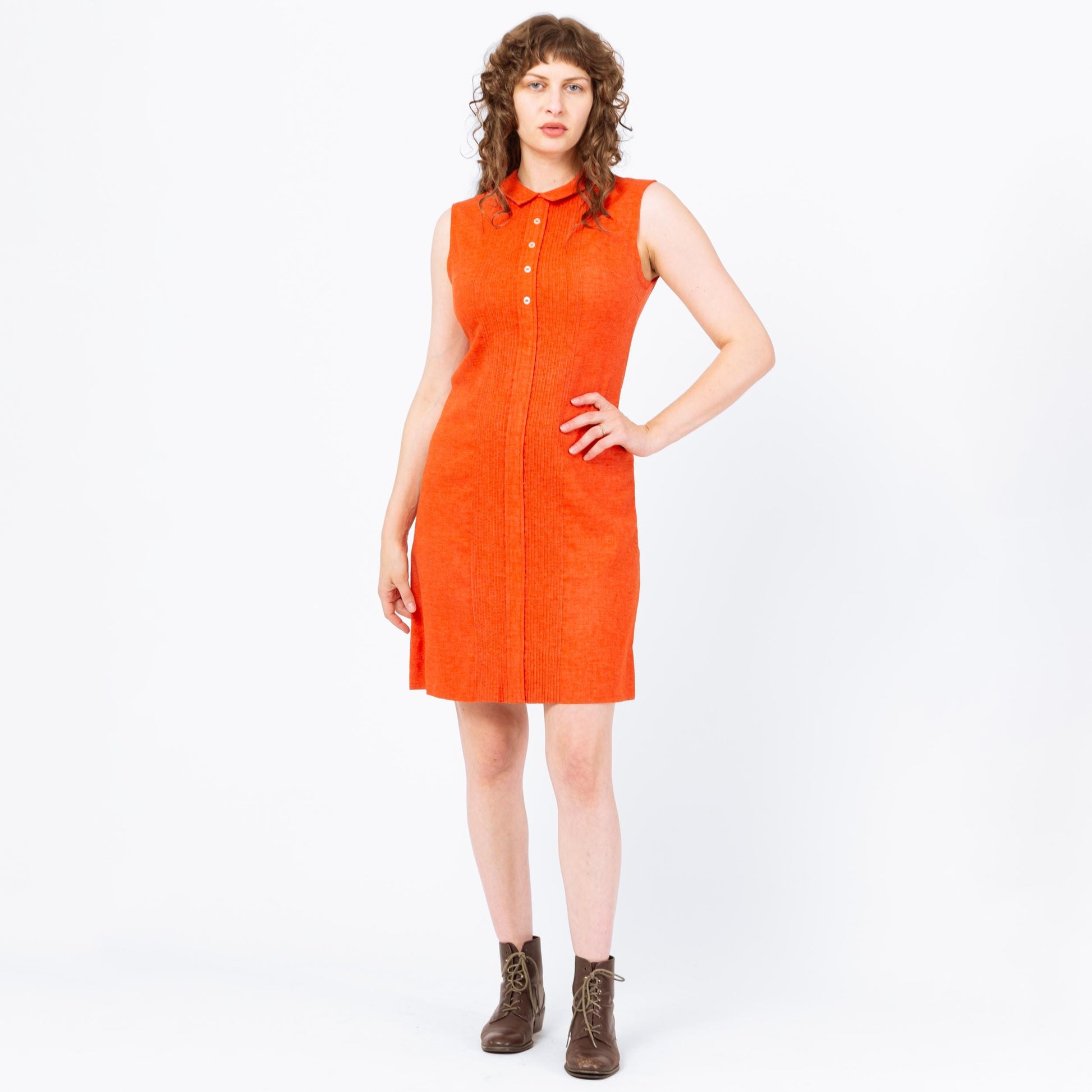Vintage 70s Mod Orange Mini Shirtdress - Medium | Retro Sleeveless Button Up A Line Shift Dress