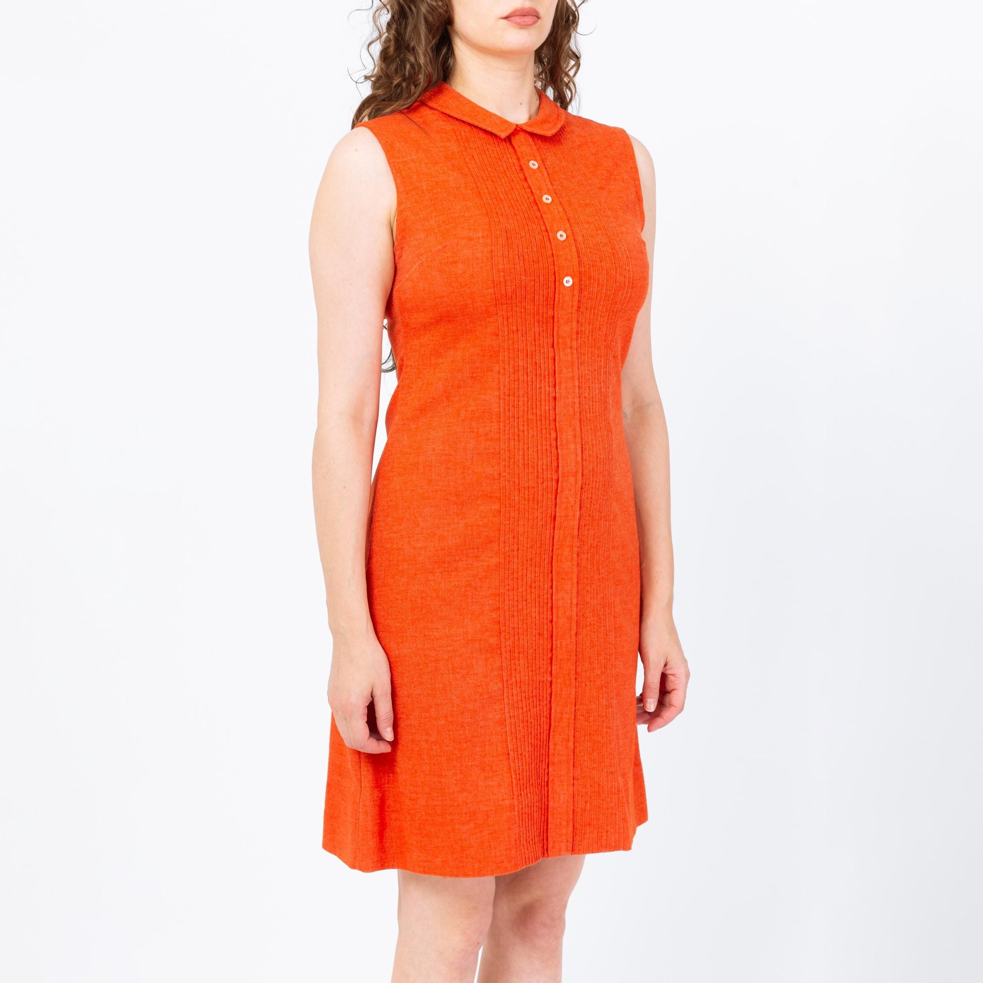 Vintage 70s Mod Orange Mini Shirtdress - Medium | Retro Sleeveless Button Up A Line Shift Dress