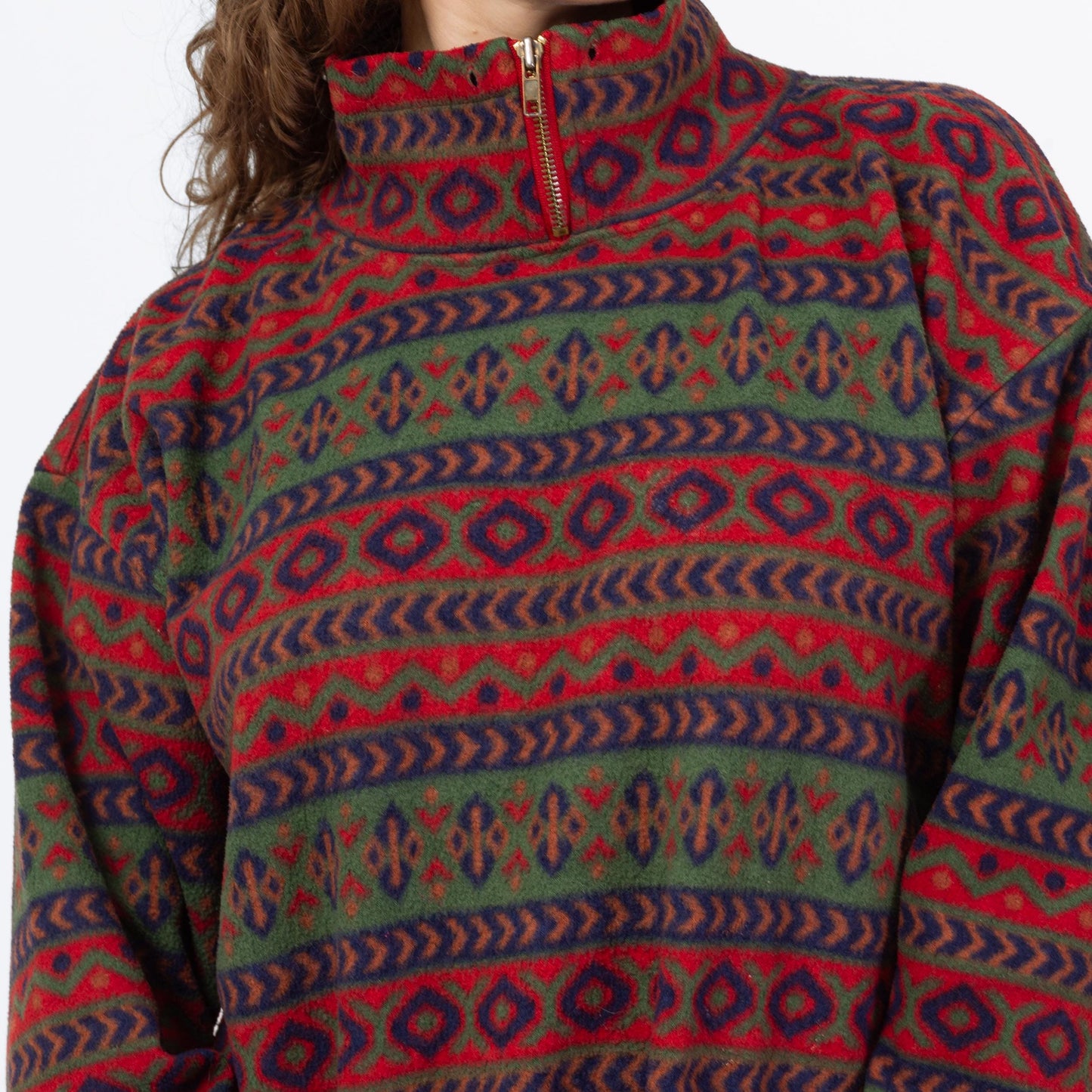Vintage 80s Striped Geometric Fleece Quarter Zip Sweatshirt - Medium | Oversize Mockneck Pullover Sweater