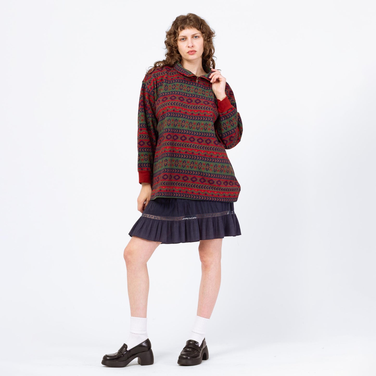 Vintage 80s Striped Geometric Fleece Quarter Zip Sweatshirt - Medium | Oversize Mockneck Pullover Sweater