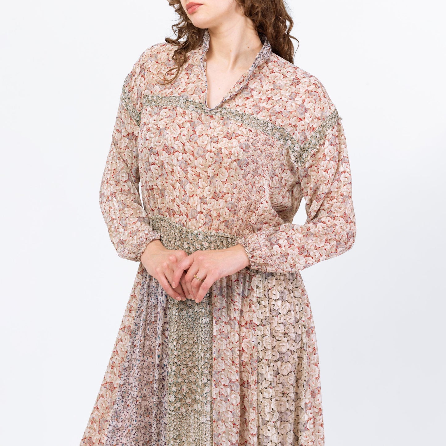 Vintage 80s Diane Freis Boho Floral Designer Dress - Large | Georgette Crepe Long Sleeve Patchwork Shirred Waist Midi Dress