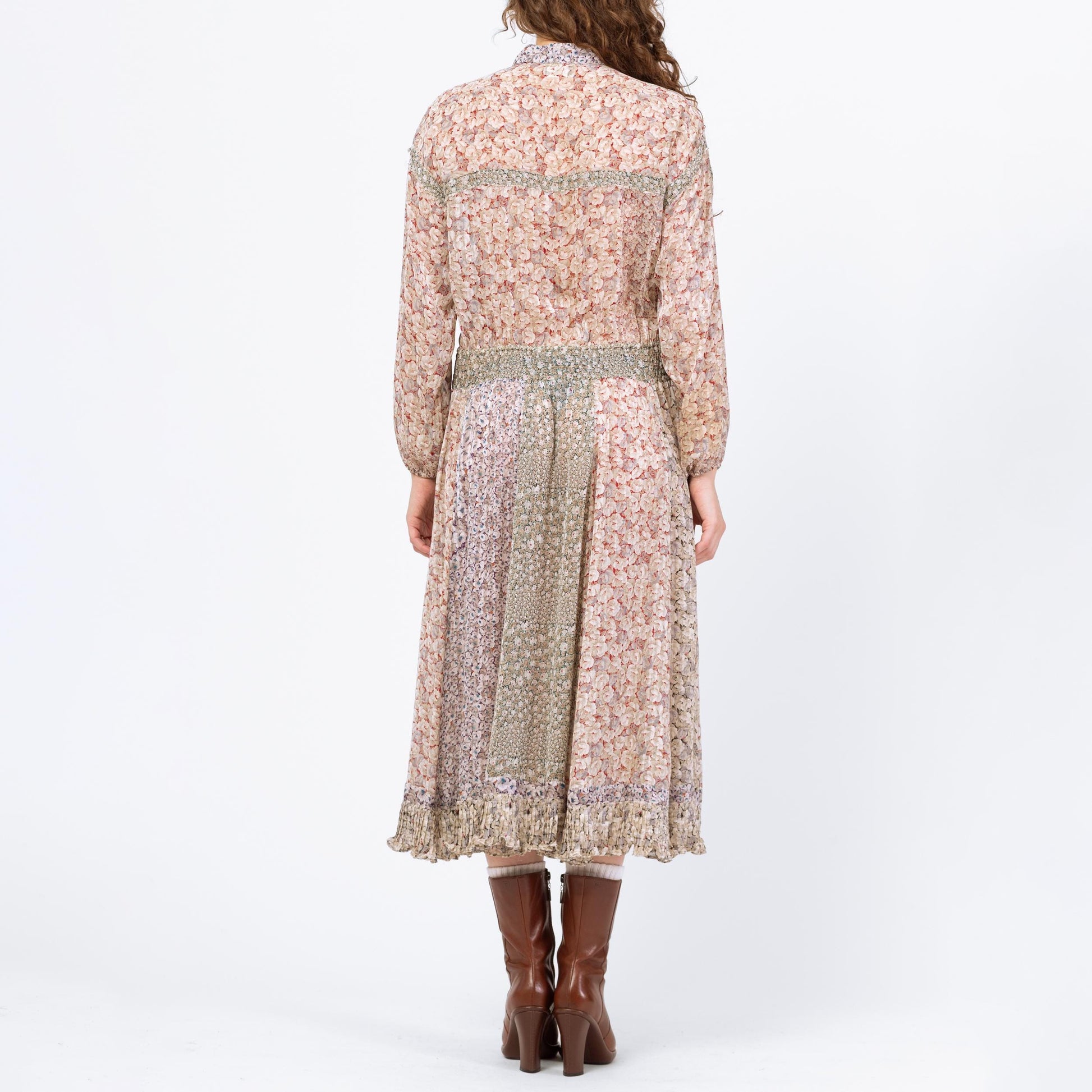 Vintage 80s Diane Freis Boho Floral Designer Dress - Large | Georgette Crepe Long Sleeve Patchwork Shirred Waist Midi Dress