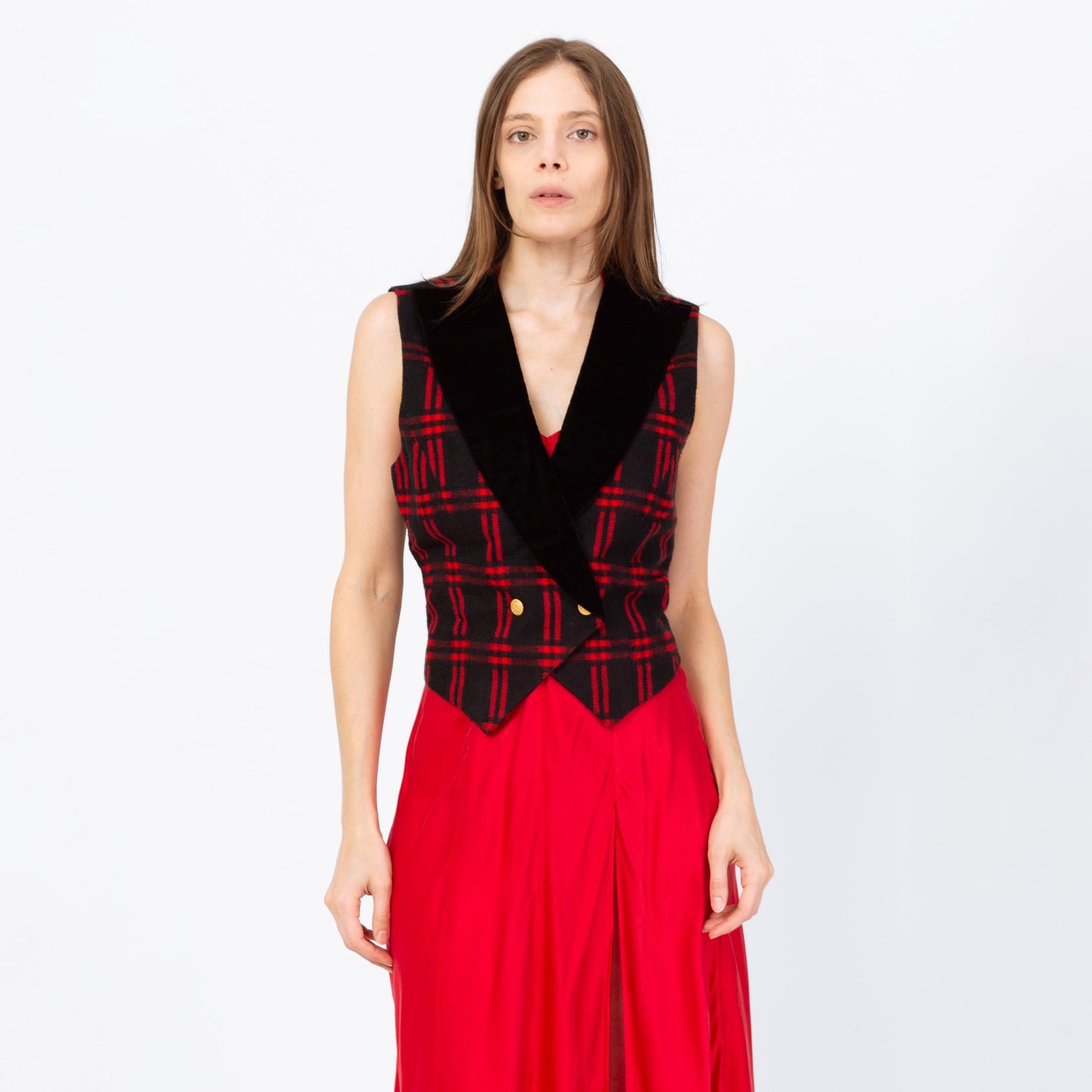 Vintage 90s Black & Red Plaid Knit Crop Top Vest - Small | Grunge Clothing, Sleeveless Collared Shirt