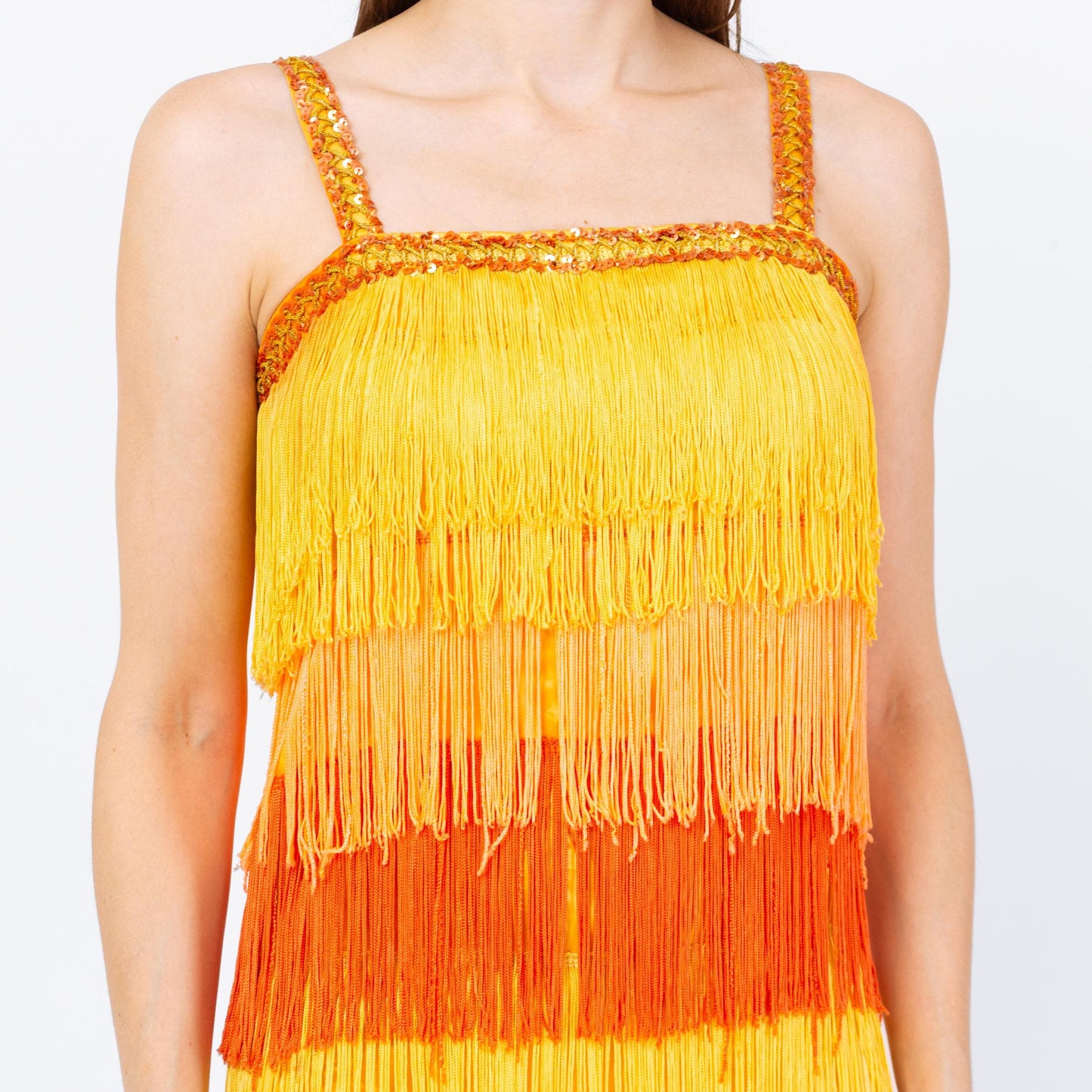 Vintage 60s Yellow & Orange Fringe Flapper Dress - Extra Small | 1920s Gatsby Maxi Costume Dress